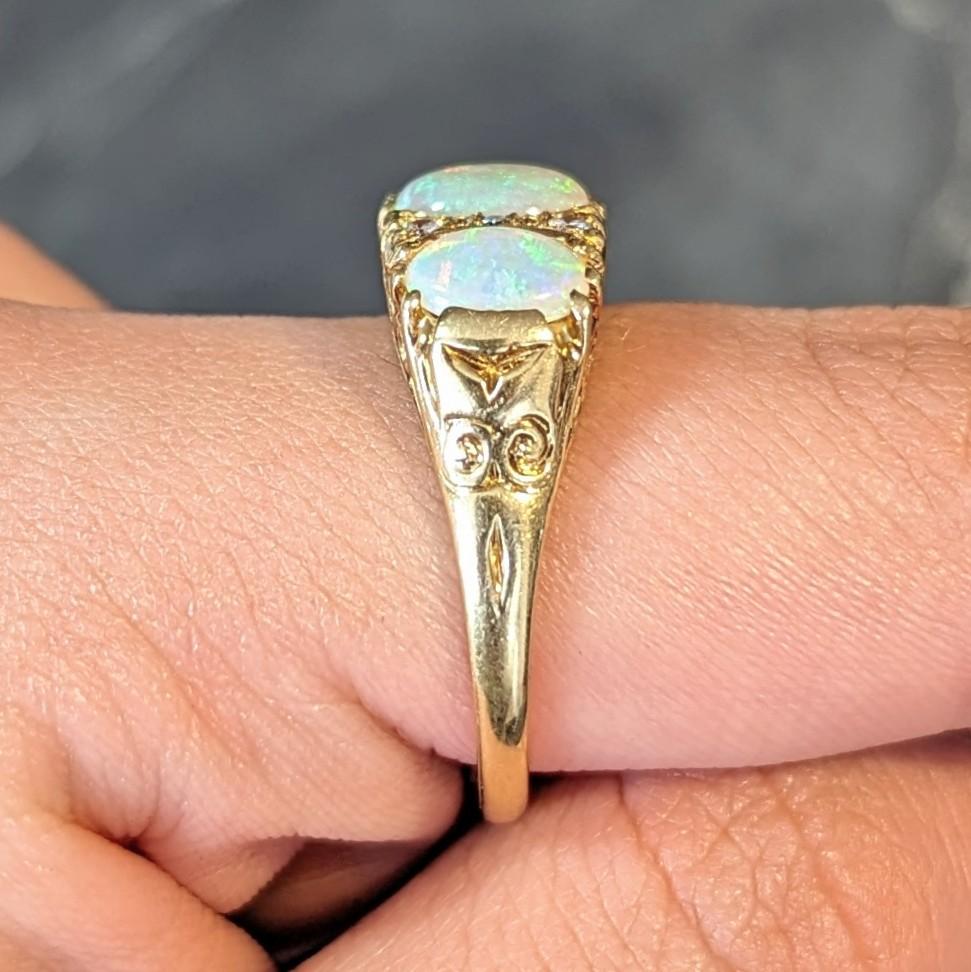 Vintage 1998 Opal Diamond 18 Karat Gold Scrolling Three Stone Ring For Sale 10