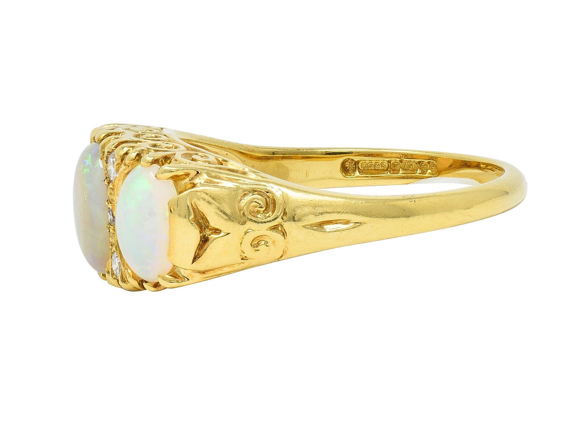 Women's or Men's Vintage 1998 Opal Diamond 18 Karat Gold Scrolling Three Stone Ring For Sale