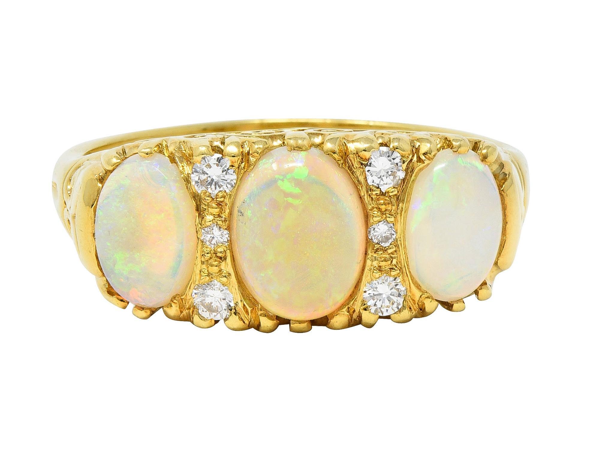 Vintage 1998 Opal Diamond 18 Karat Gold Scrolling Three Stone Ring For Sale 2