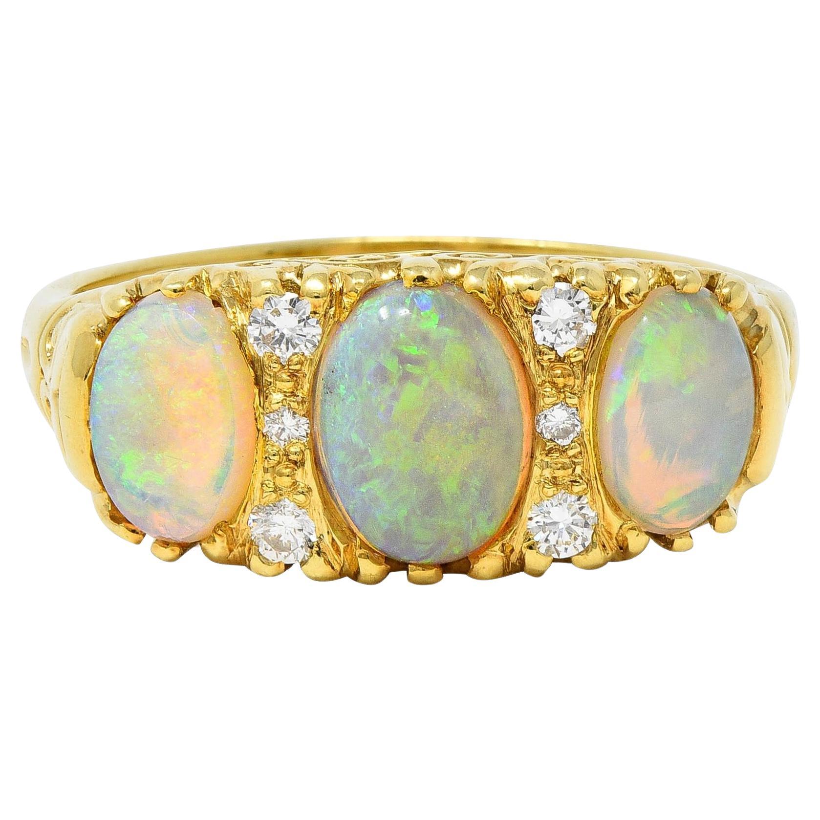Vintage 1998 Opal Diamond 18 Karat Gold Scrolling Three Stone Ring For Sale