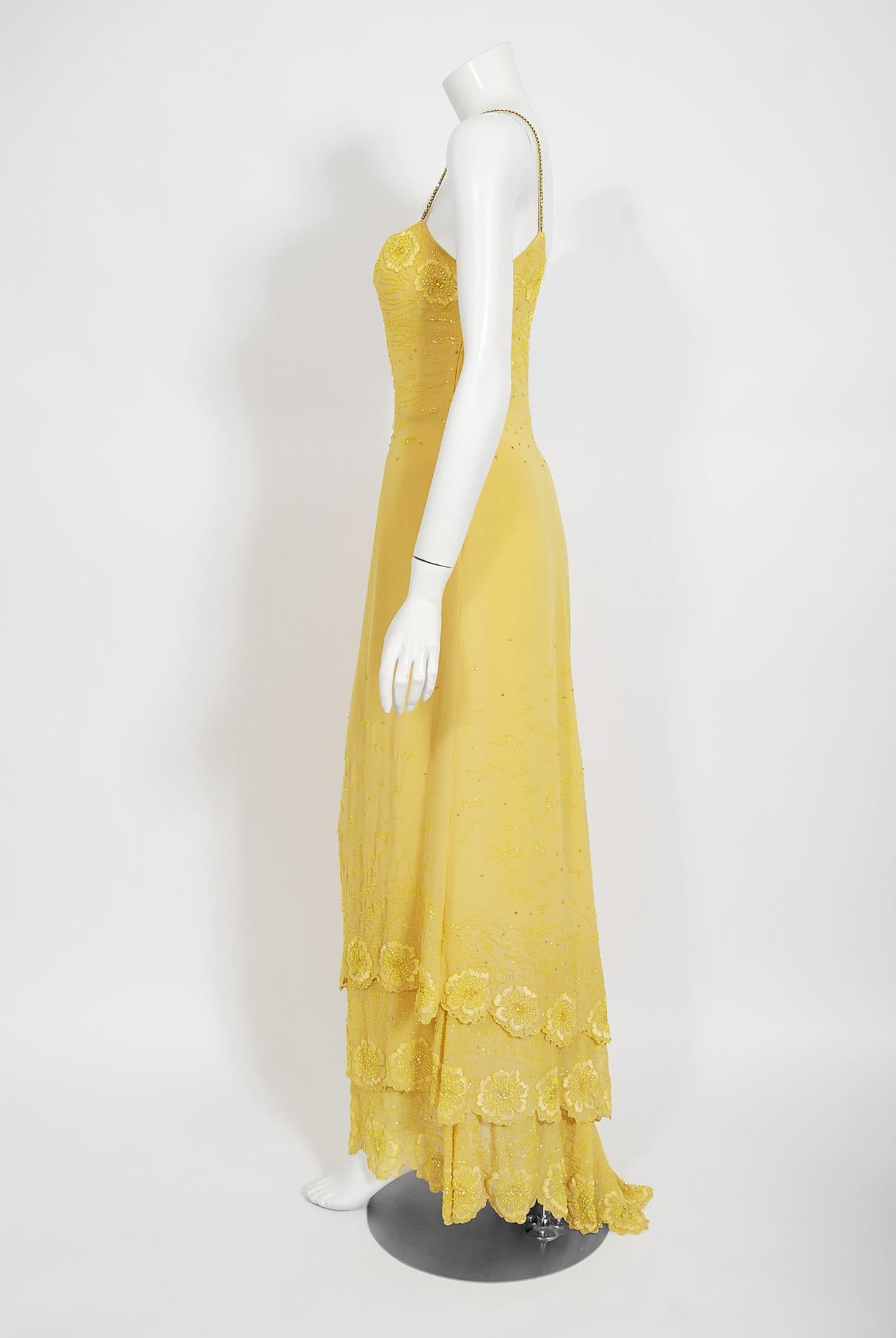 Vintage 1998 Versace Couture Beaded Yellow Silk Chiffon Hourglass Gown & Wrap 3