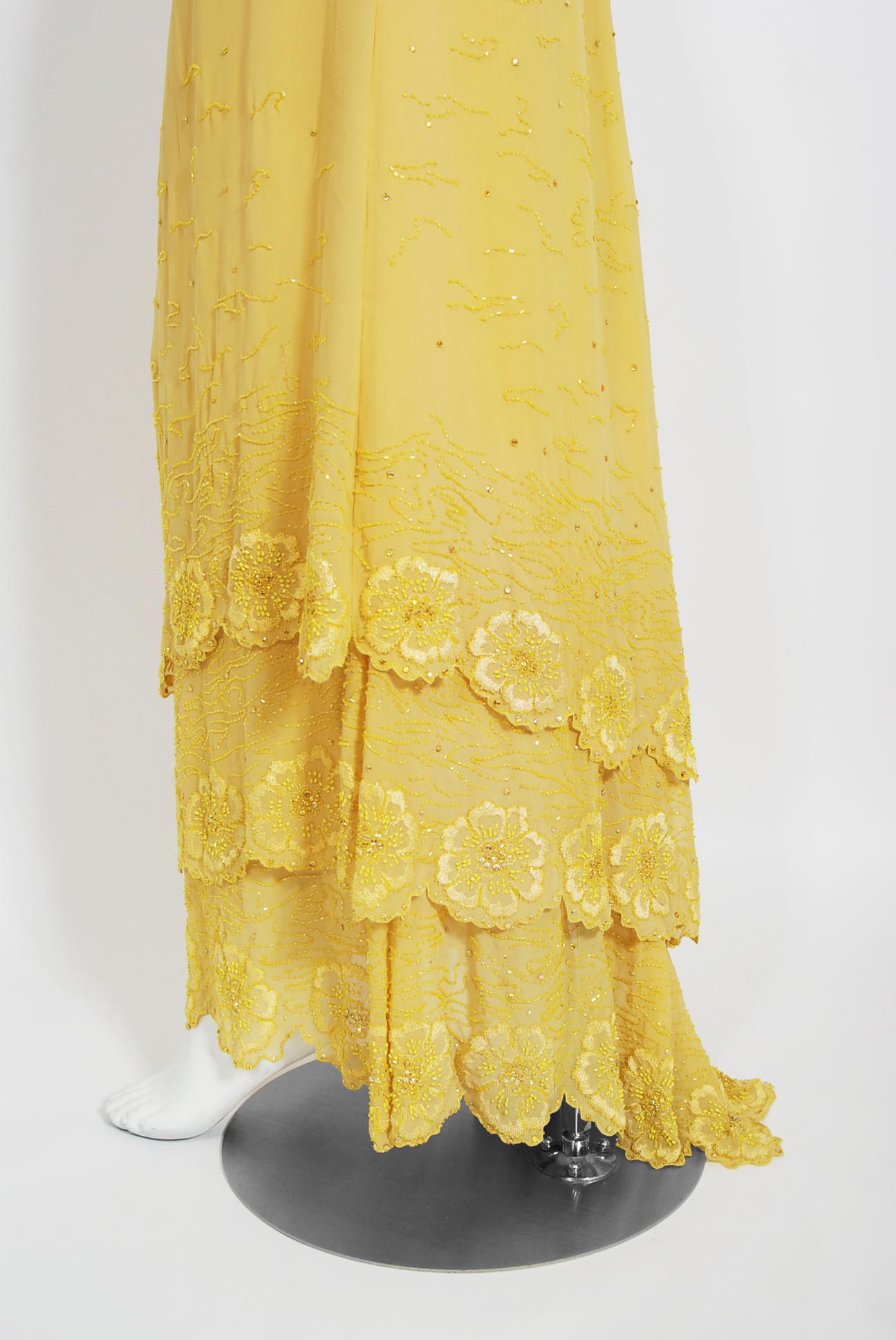 Vintage 1998 Versace Couture Beaded Yellow Silk Chiffon Hourglass Gown & Wrap 4