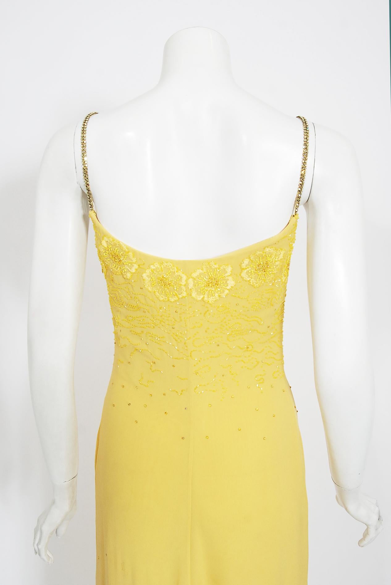 Vintage 1998 Versace Couture Beaded Yellow Silk Chiffon Hourglass Gown & Wrap 6