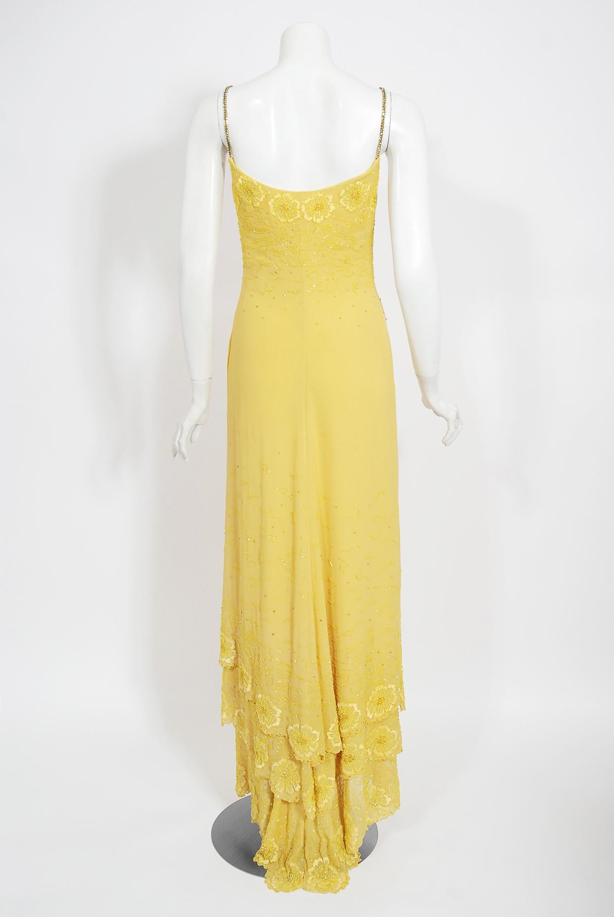 Vintage 1998 Versace Couture Beaded Yellow Silk Chiffon Hourglass Gown & Wrap 8