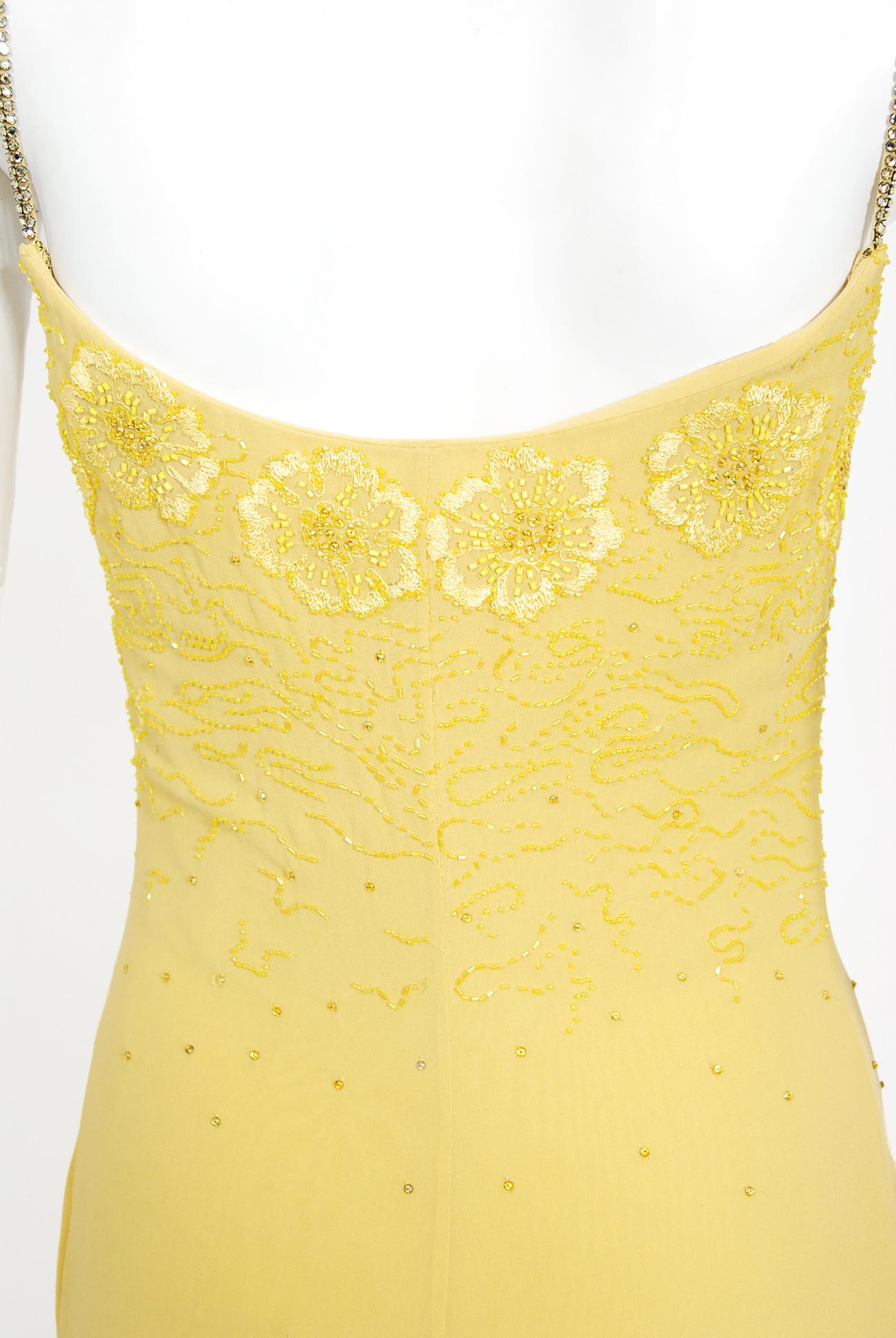 Vintage 1998 Versace Couture Beaded Yellow Silk Chiffon Hourglass Gown & Wrap 9