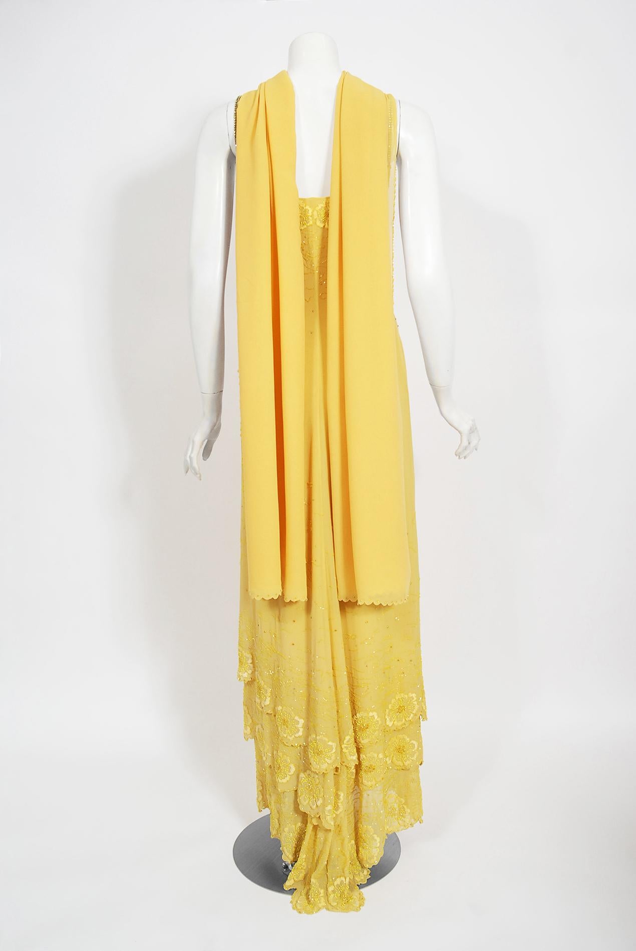 Vintage 1998 Versace Couture Beaded Yellow Silk Chiffon Hourglass Gown & Wrap 10