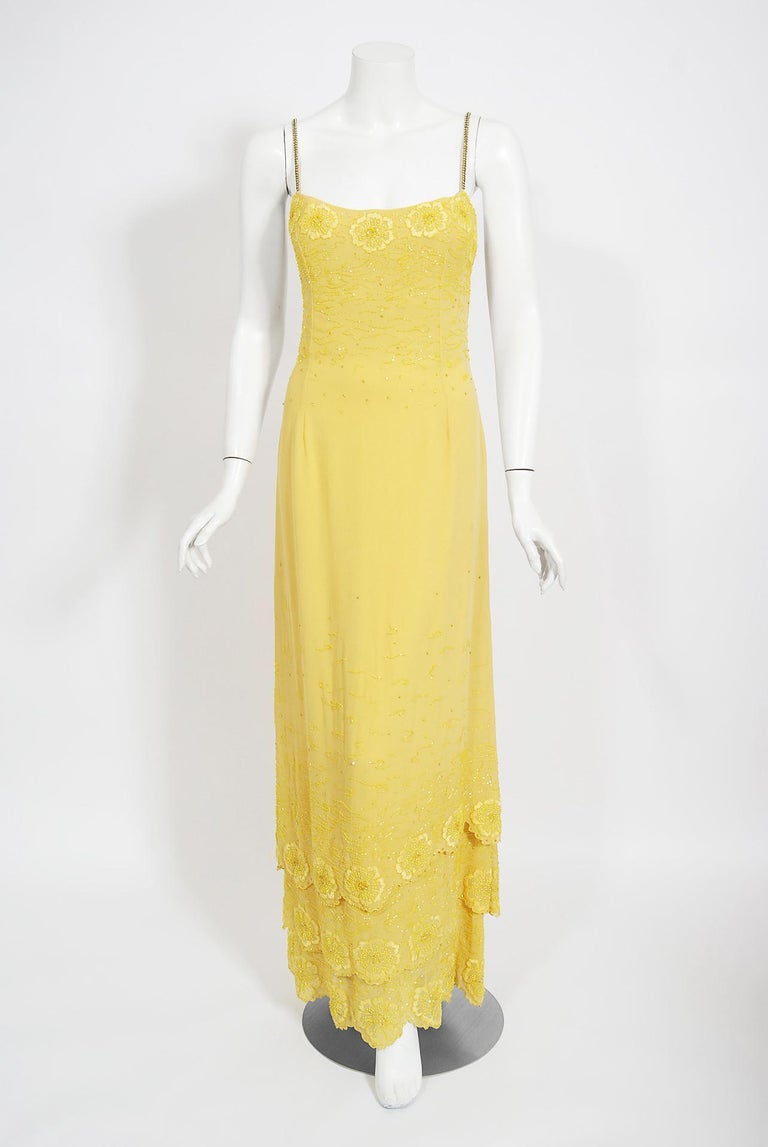 Vintage 1998 Versace Couture Beaded Yellow Silk Chiffon Hourglass Gown ...