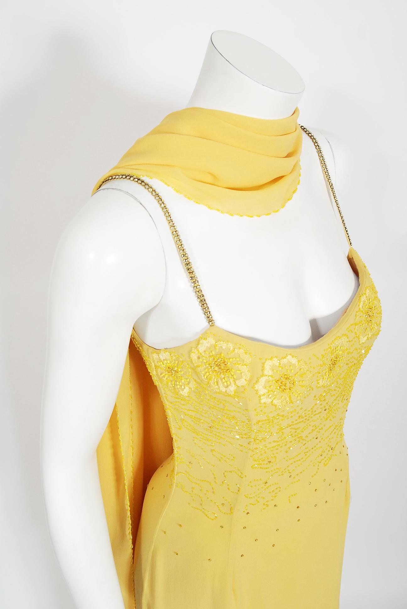 Women's or Men's Vintage 1998 Versace Couture Beaded Yellow Silk Chiffon Hourglass Gown & Wrap