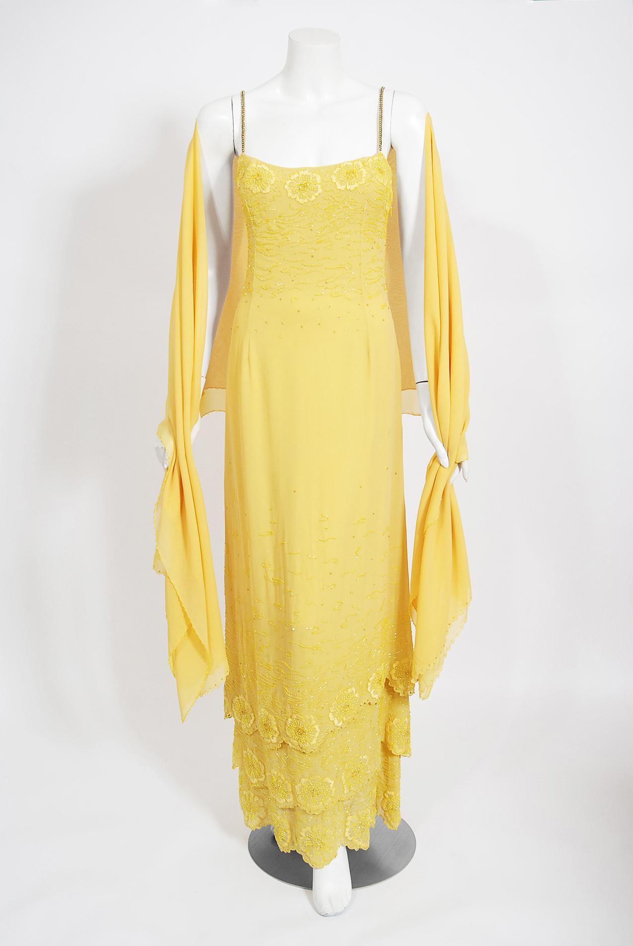 Vintage 1998 Versace Couture Beaded Yellow Silk Chiffon Hourglass Gown & Wrap 1