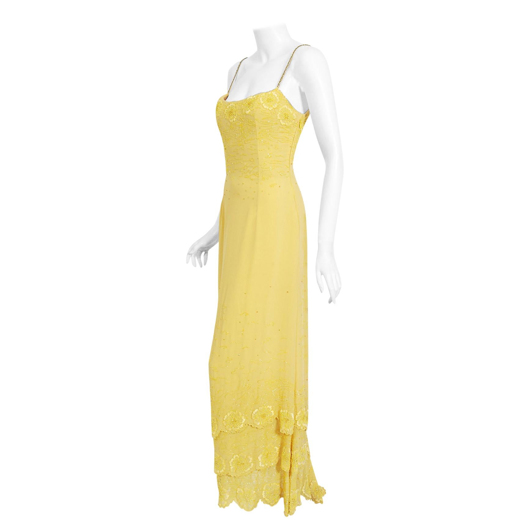 Vintage 1998 Versace Couture Beaded Yellow Silk Chiffon Hourglass Gown & Wrap