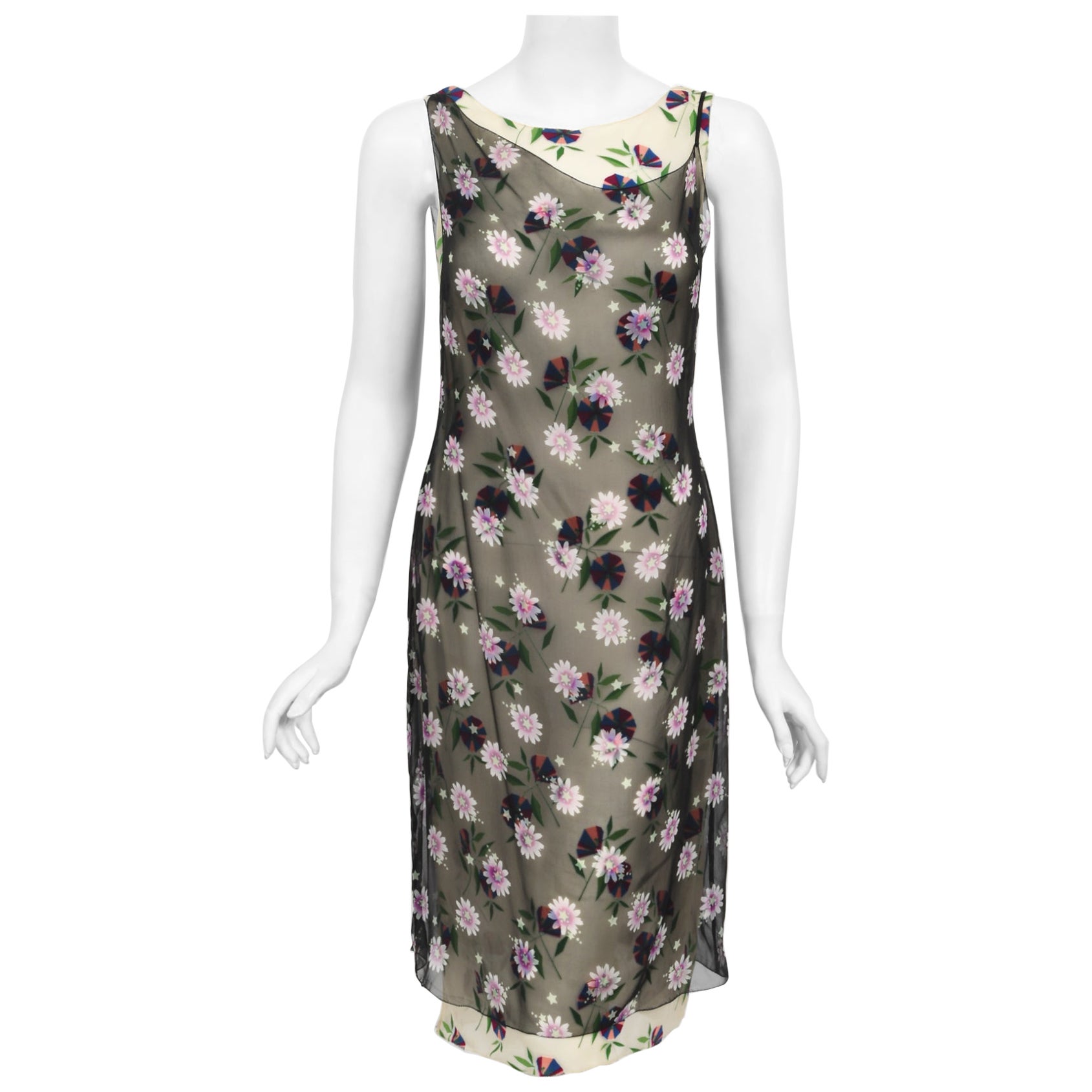 Vintage 1998 Versace Couture Documented Runway Sheer Floral Silk Slip Dress