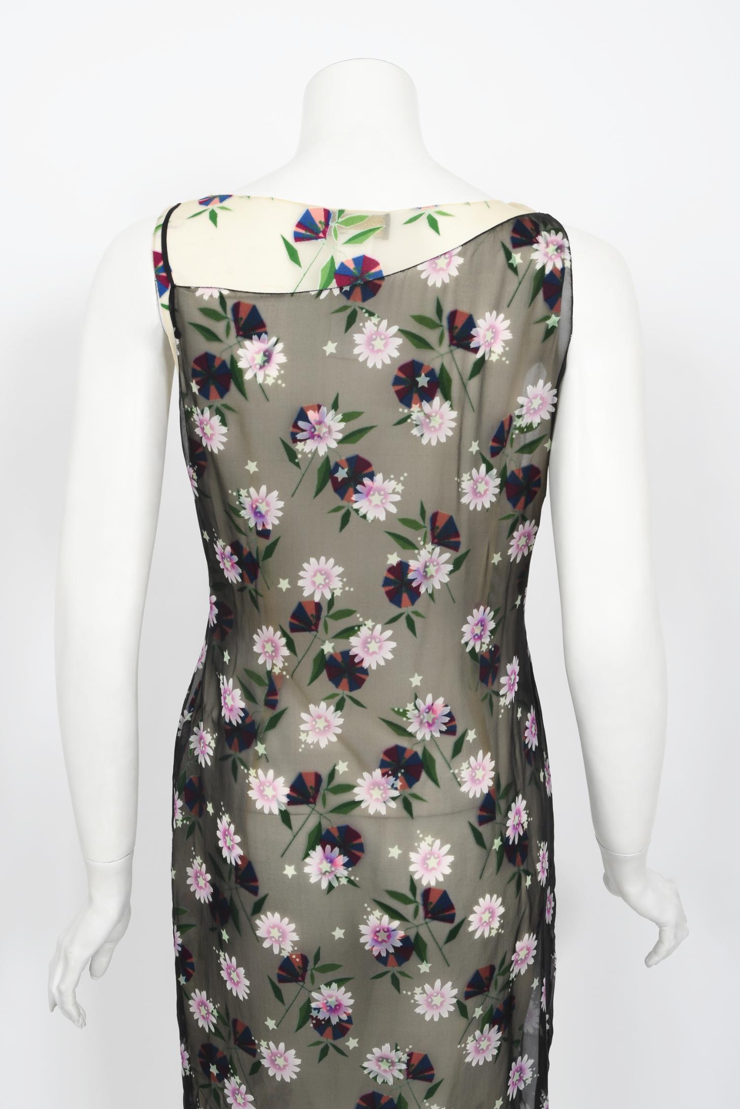 Vintage 1998 Versace Couture Documented Runway Sheer Floral Silk Slip Dress 10