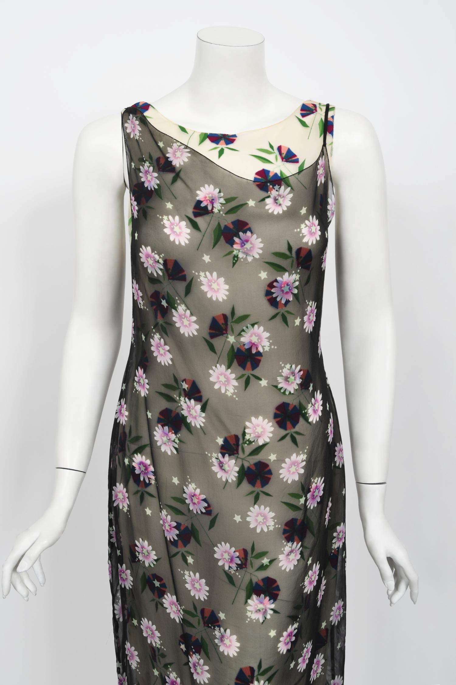 Women's Vintage 1998 Versace Couture Documented Runway Sheer Floral Silk Slip Dress