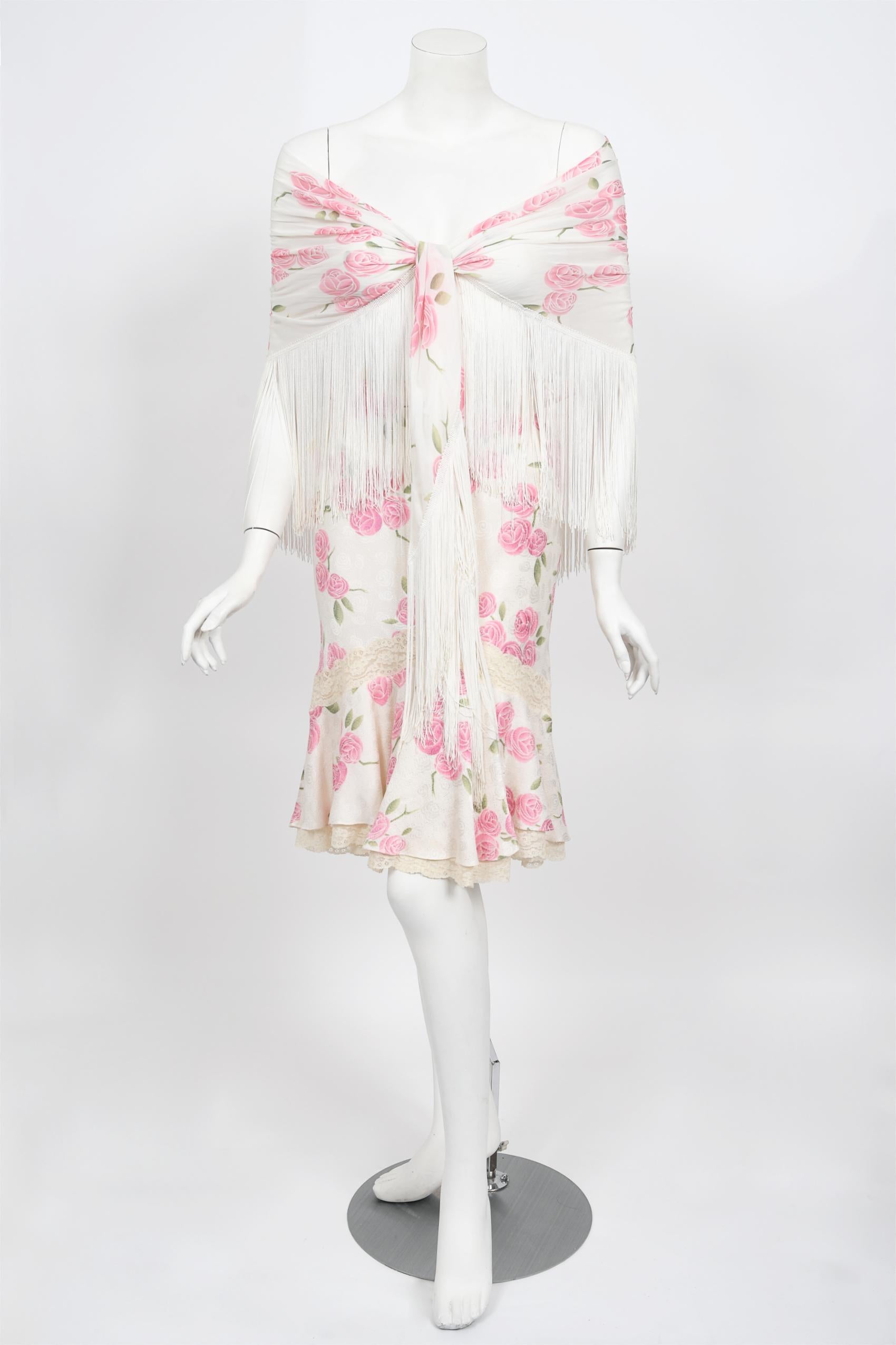Vintage 1999 Christian Dior by Galliano Pink Roses Silk Lace Bias-Cut Skirt Set In Good Condition In Beverly Hills, CA