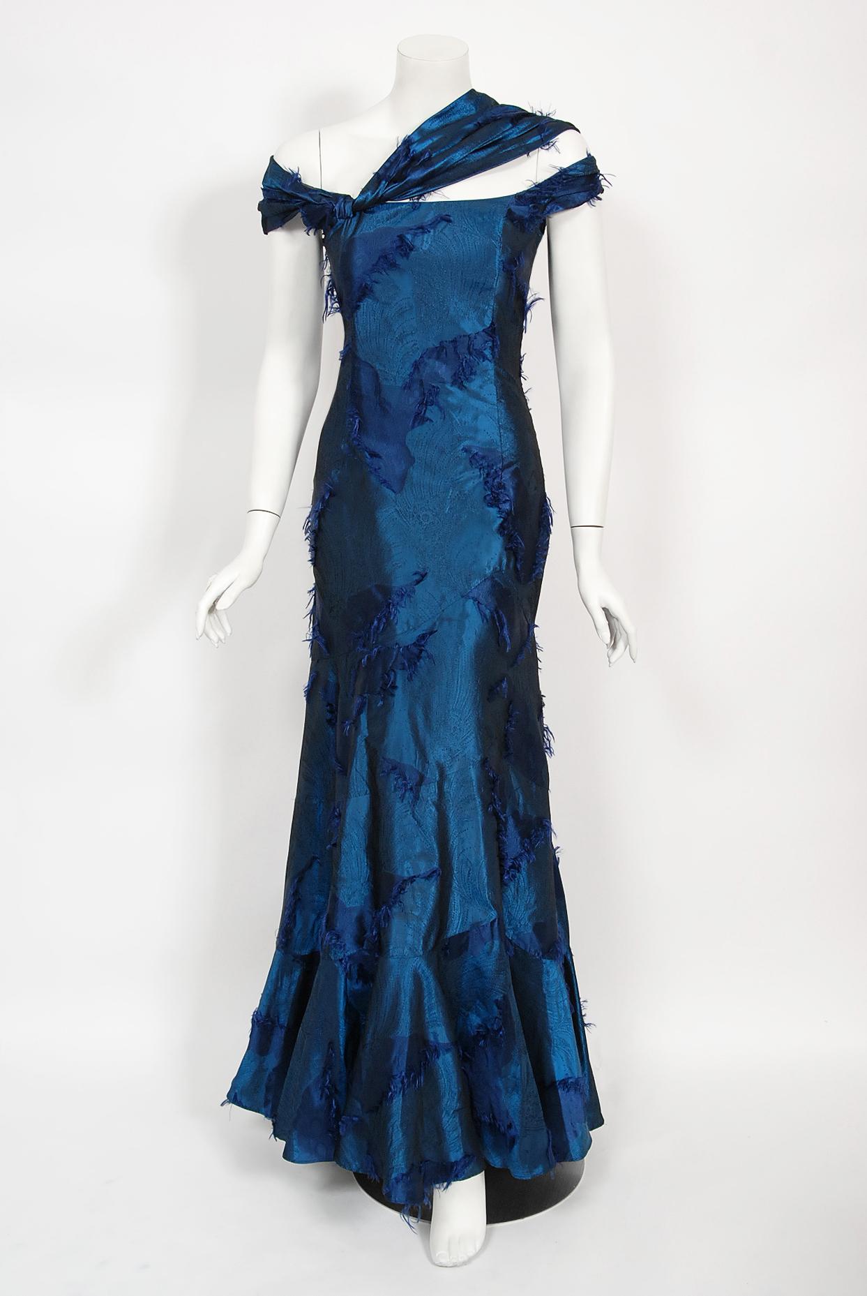 Vintage 1999 Christian Dior by Galliano Sapphire Blue Eyelash Silk Bias-Cut Gown 6