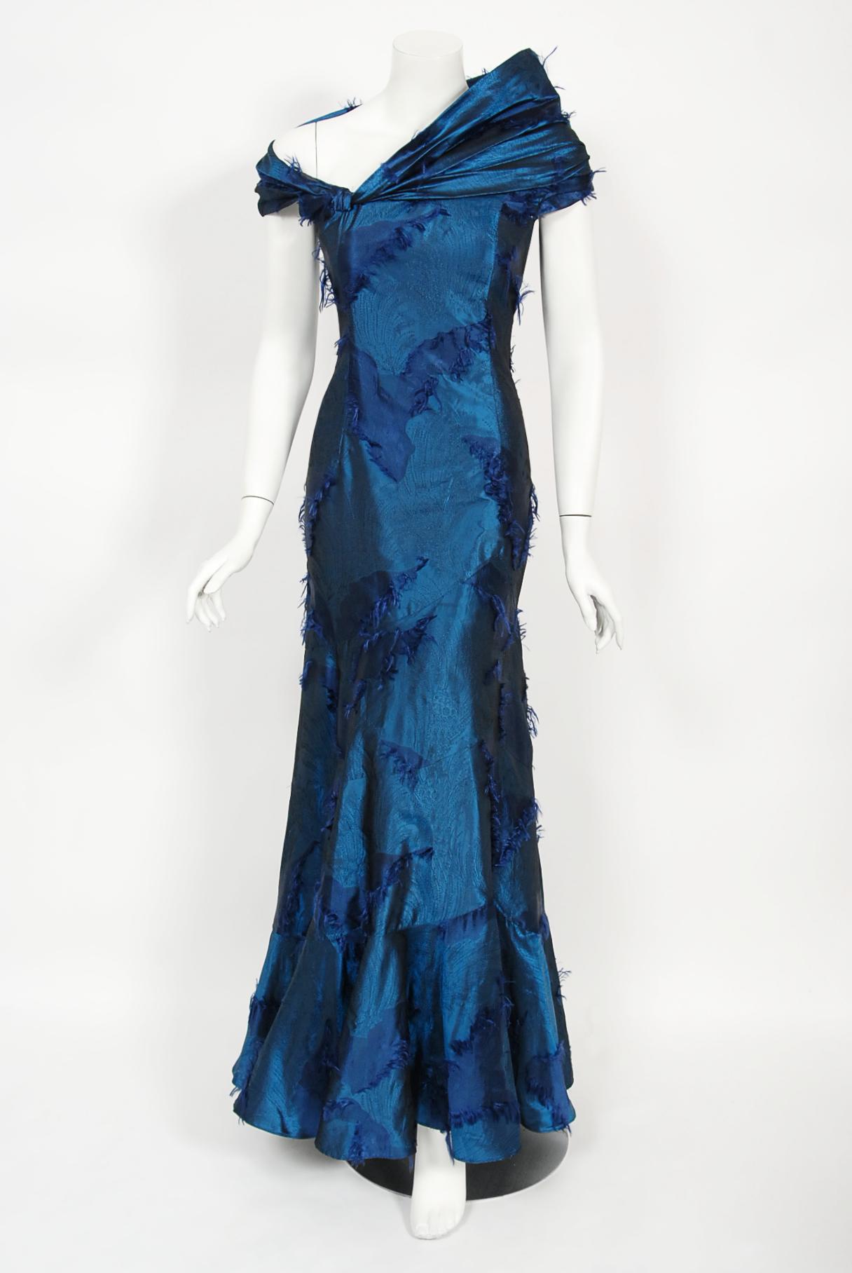 Vintage 1999 Christian Dior by Galliano Sapphire Blue Eyelash Silk Bias-Cut Gown 7