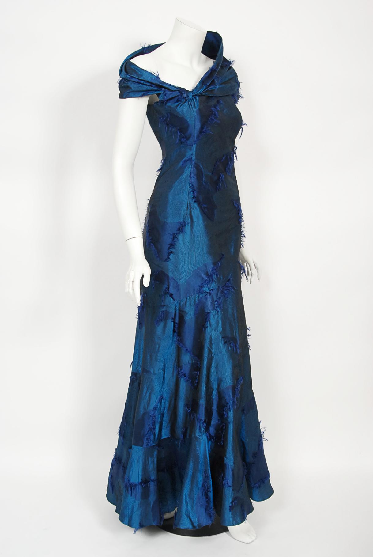 Vintage 1999 Christian Dior by Galliano Sapphire Blue Eyelash Silk Bias-Cut Gown 8