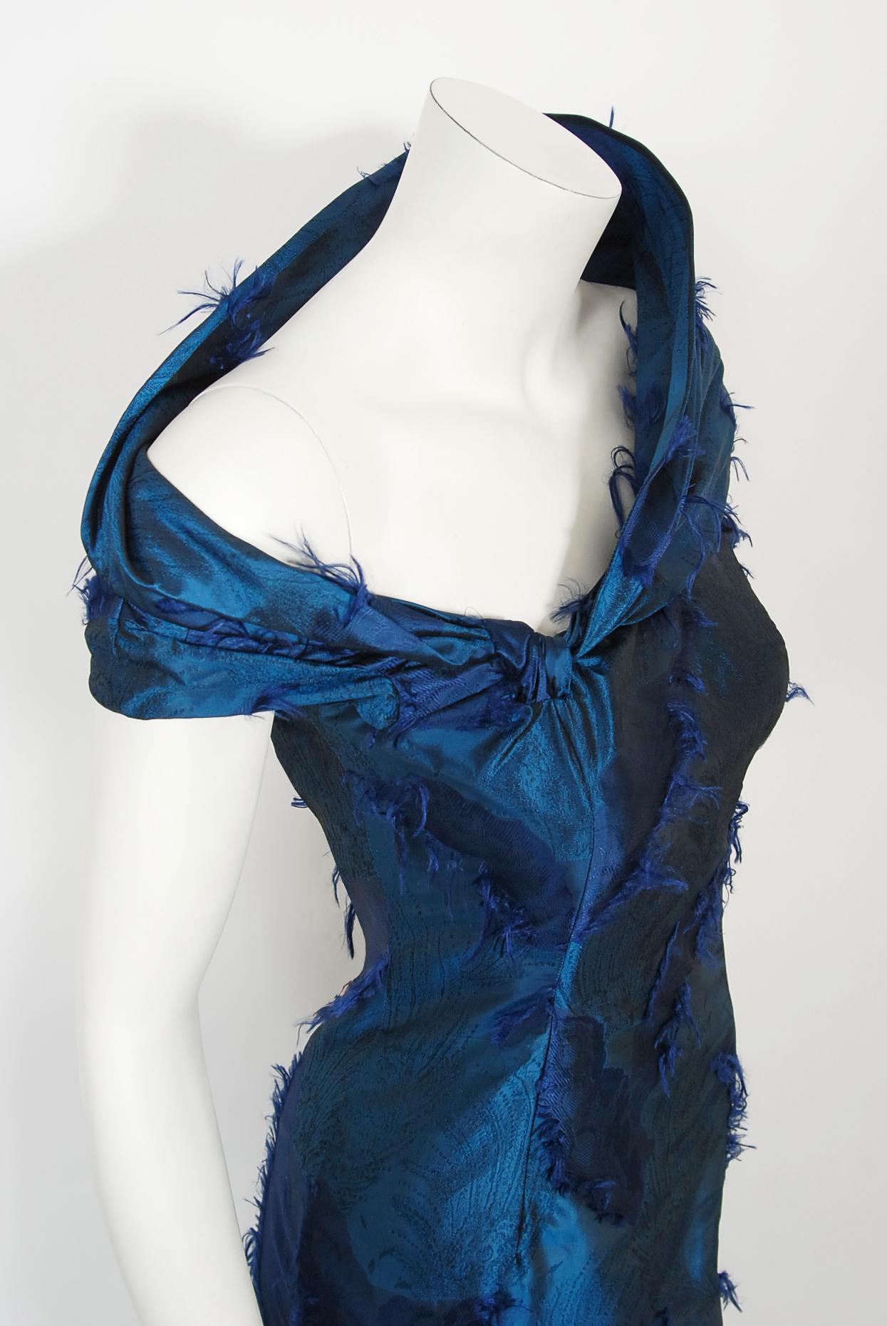 Vintage 1999 Christian Dior by Galliano Sapphire Blue Eyelash Silk Bias-Cut Gown 9