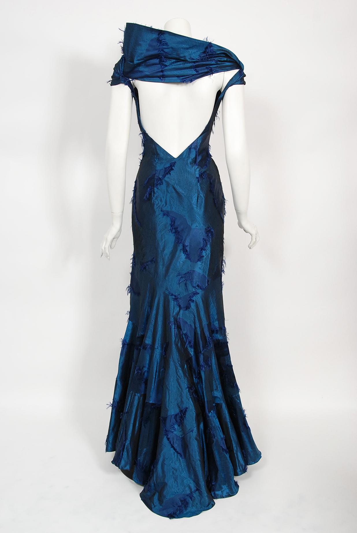 Vintage 1999 Christian Dior by Galliano Sapphire Blue Eyelash Silk Bias-Cut Gown 13