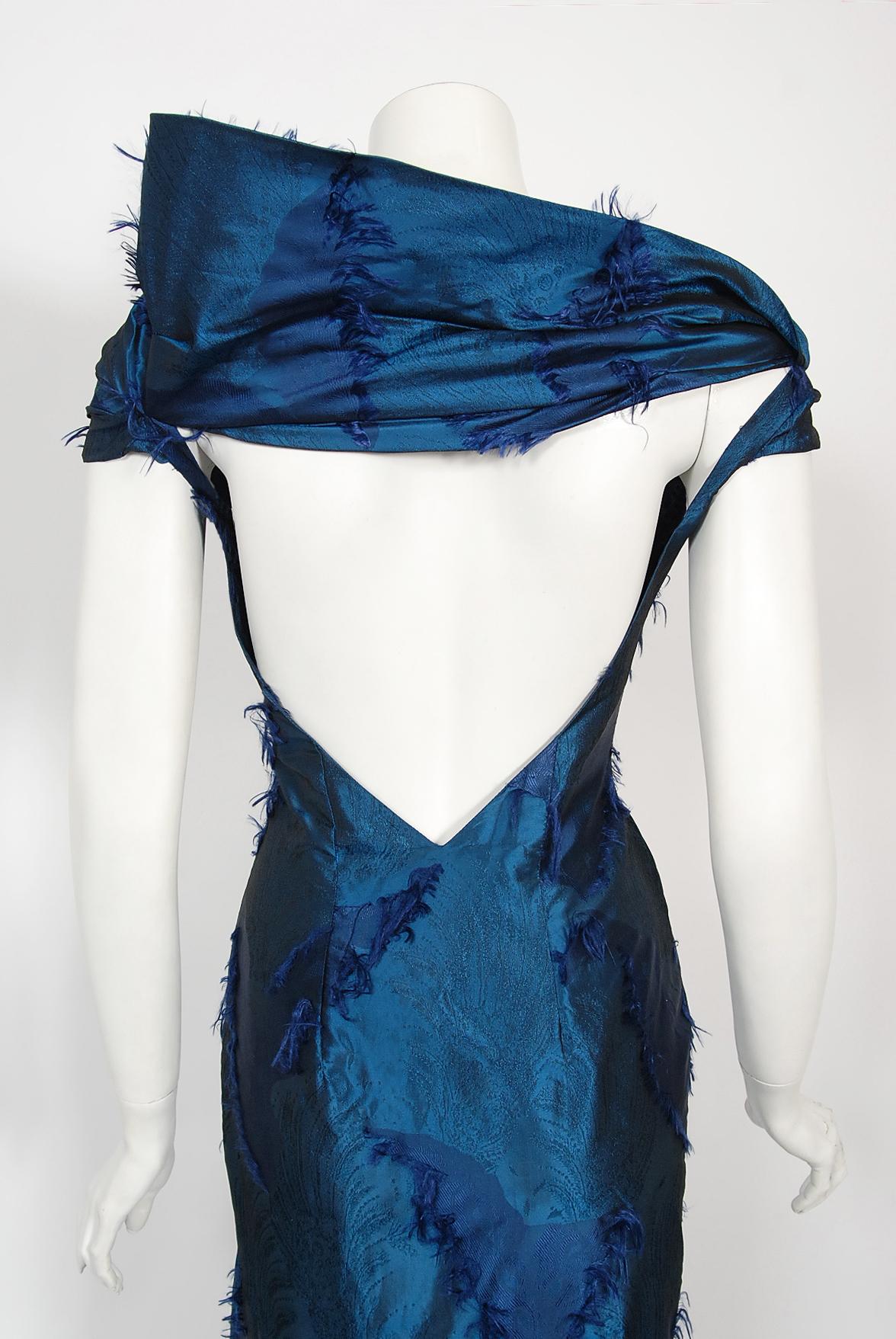 Vintage 1999 Christian Dior by Galliano Sapphire Blue Eyelash Silk Bias-Cut Gown 14