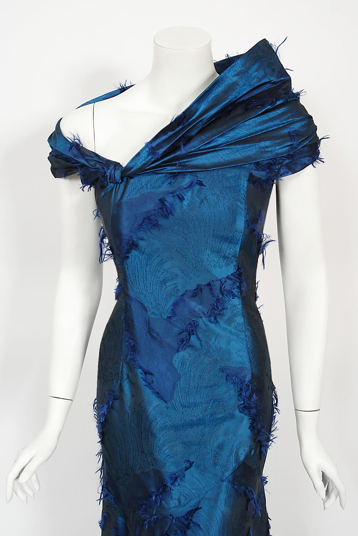 Vintage 1999 Christian Dior by Galliano Sapphire Blue Eyelash Silk Bias-Cut Gown In Good Condition In Beverly Hills, CA