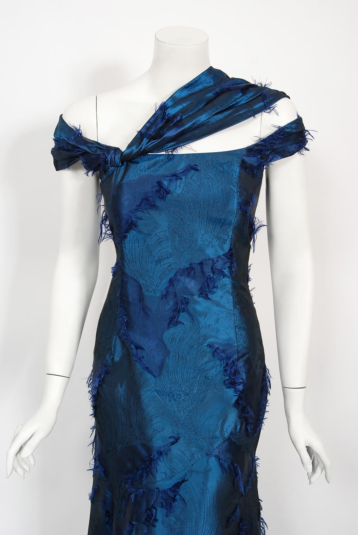 Women's Vintage 1999 Christian Dior by Galliano Sapphire Blue Eyelash Silk Bias-Cut Gown