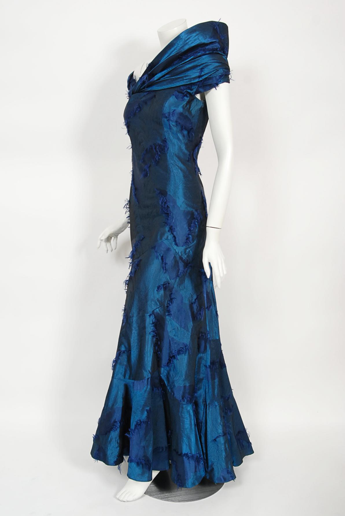 Vintage 1999 Christian Dior by Galliano Sapphire Blue Eyelash Silk Bias-Cut Gown 1