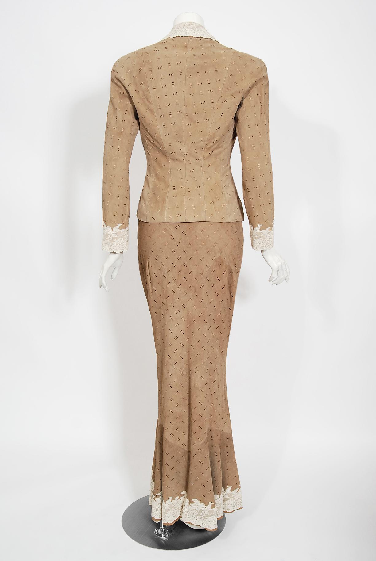 Vintage 1999 Christian Dior by Galliano Suede Lace Bias-Cut Slip Gown and Jacket For Sale 9