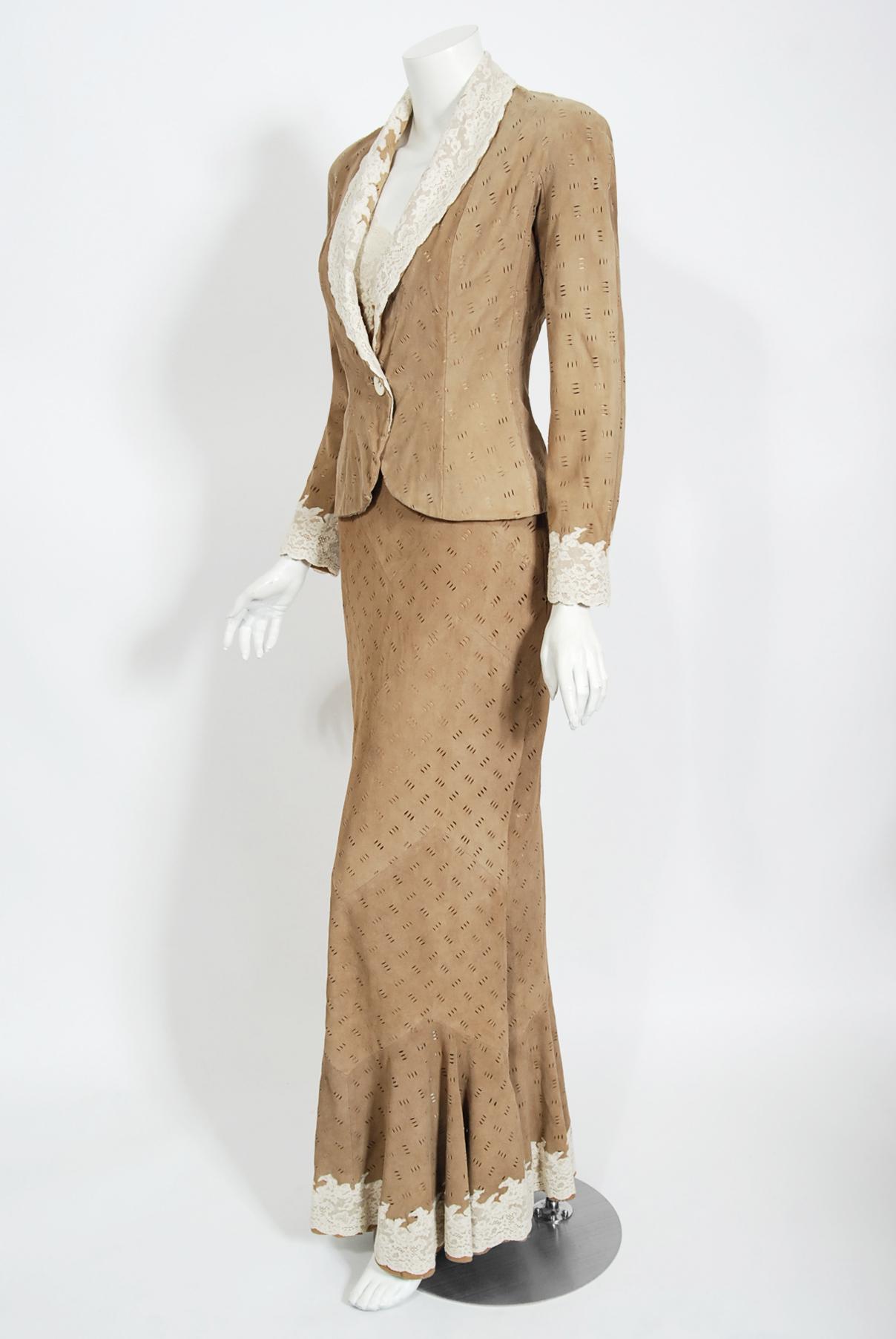 Vintage 1999 Christian Dior by Galliano Suede Lace Bias-Cut Slip Gown and Jacket For Sale 1
