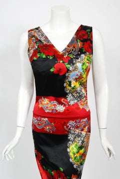 Vintage 1999 Dolce & Gabbana Red Roses Asian Print Stretch Silk Hourglass Gown