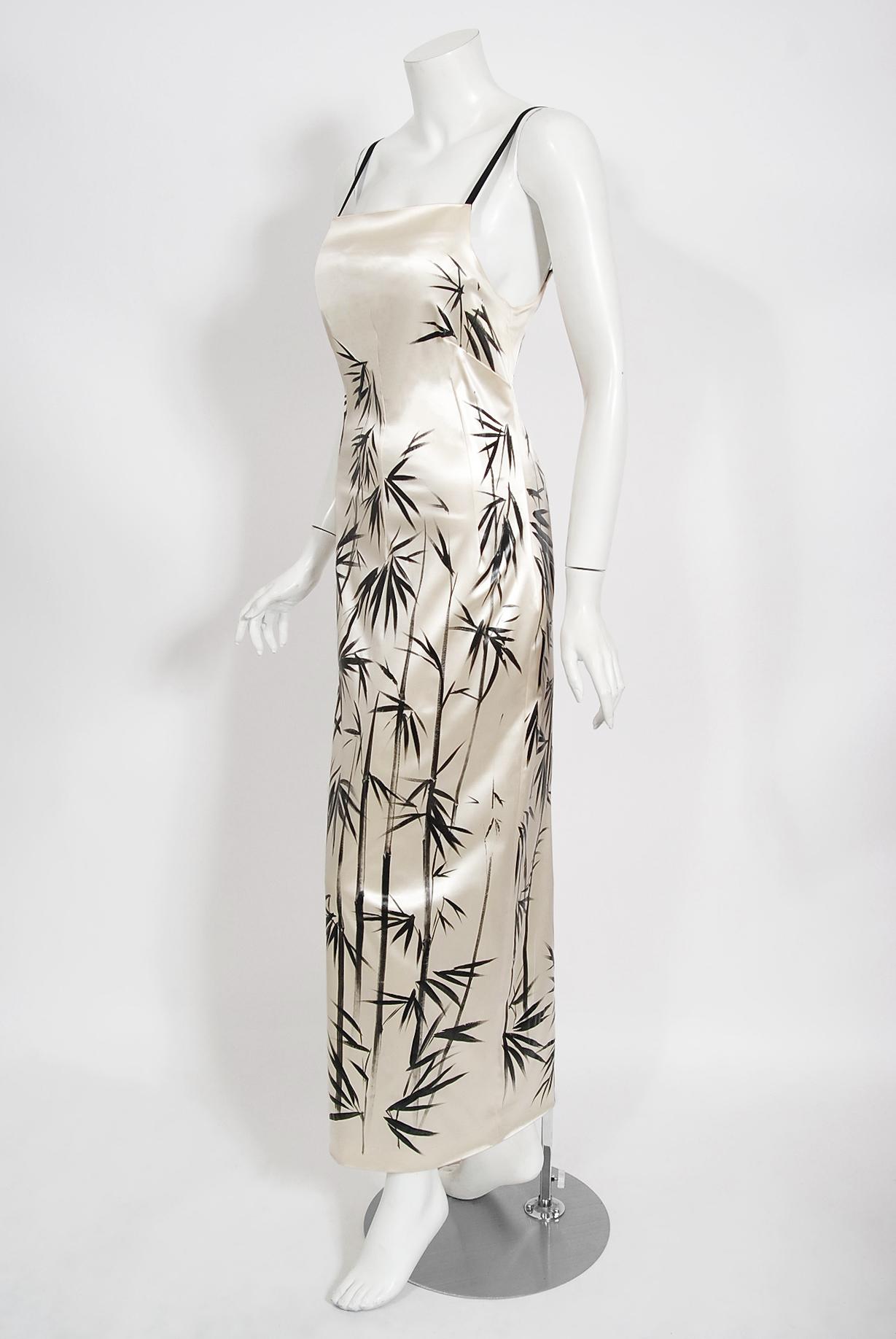 Women's Vintage 1999 Dolce & Gabbana Runway Hand-Painted Bamboo Ivory Stretch Silk Gown