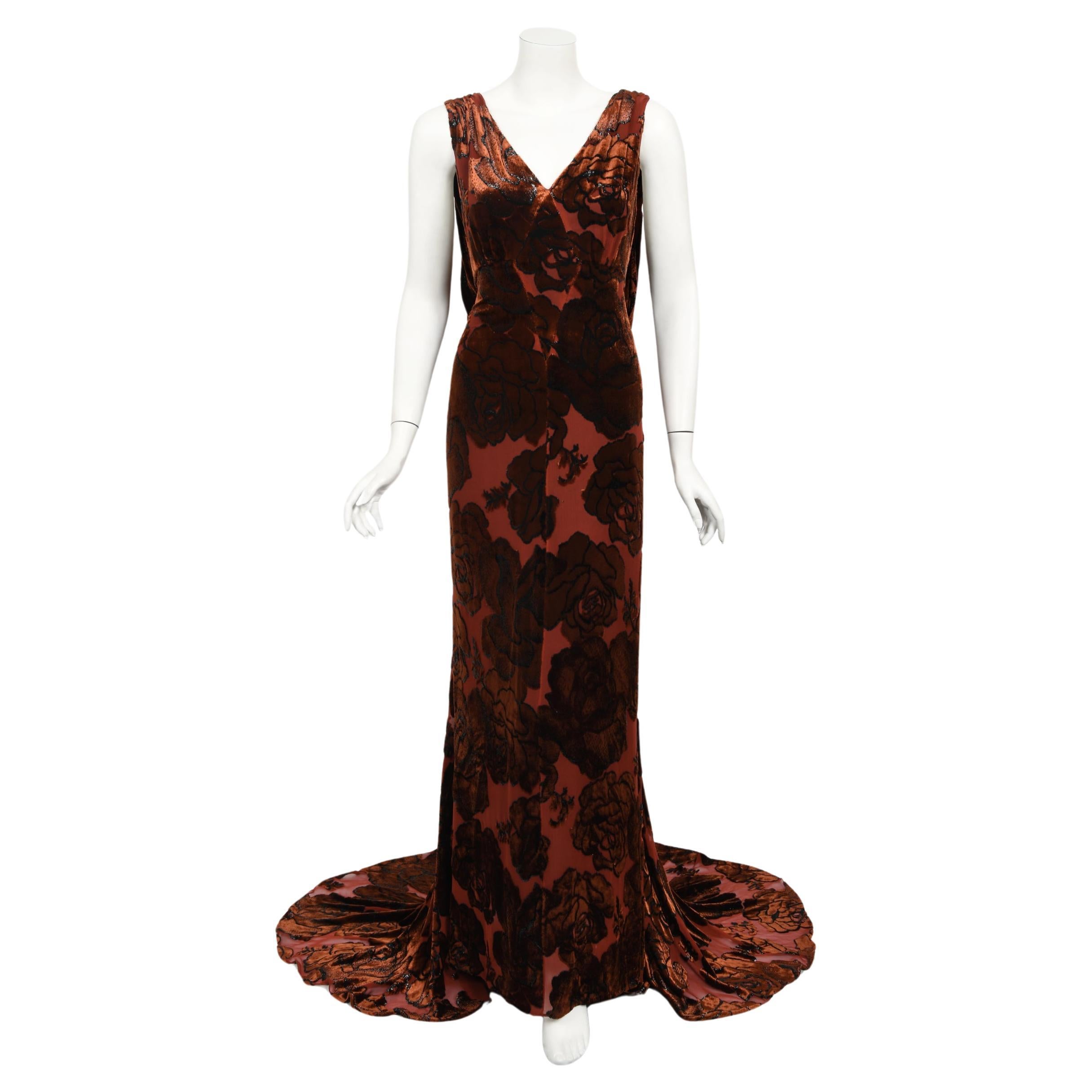 Vintage 1999 Galindo Couture Metallic Amber Devoré Velvet Bias-Cut Trained Gown For Sale