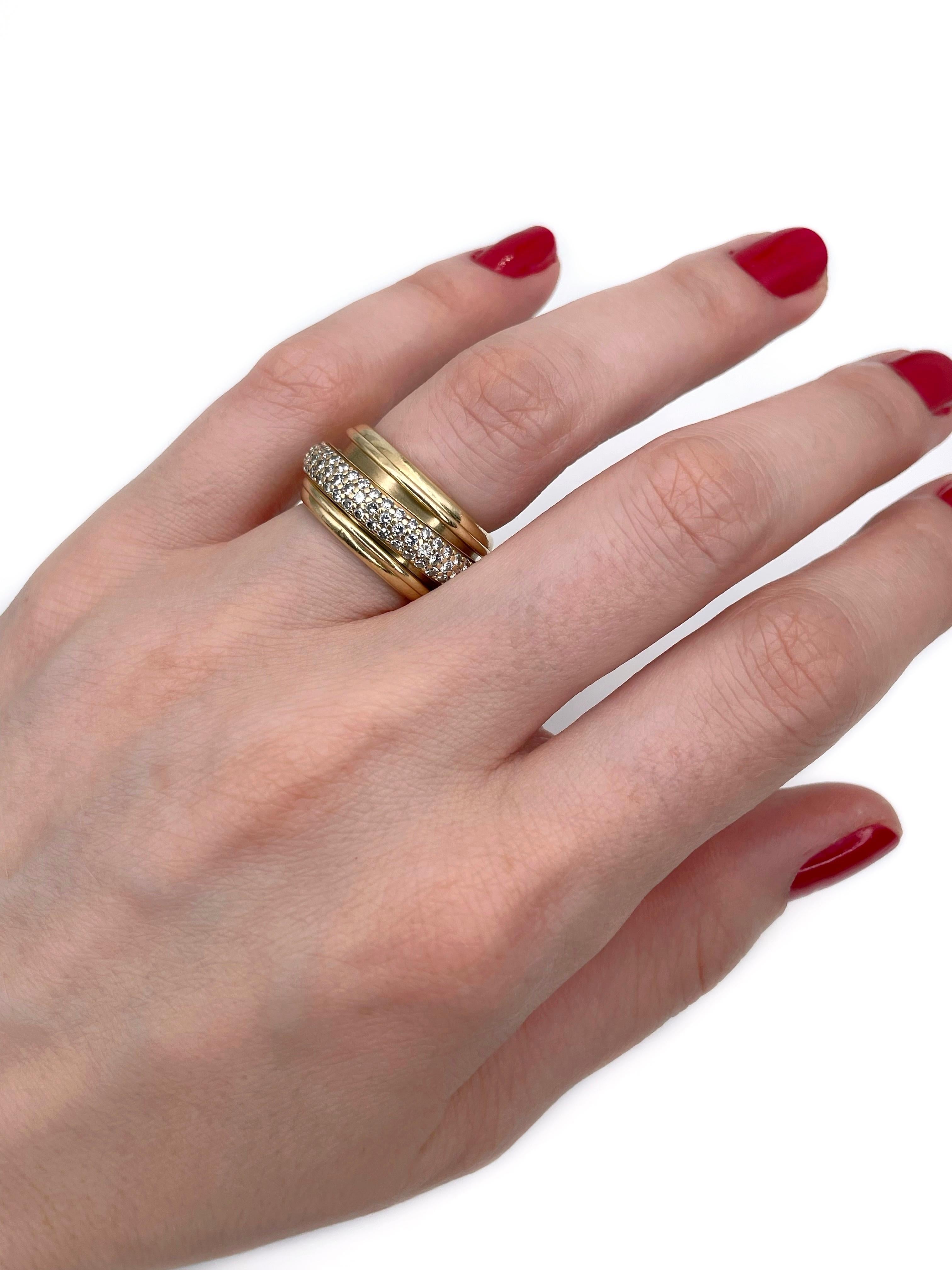 This is a vintage spinning band ring designed by Piaget for “Possession” collection. It is crafted in 18K gold. The moving part is set with diamonds.

Signed: “750 51 © PIAGET 1999”

Weight: 16.20g
Size: ~16.5 (US ~6)

IMPORTANT: cannot be