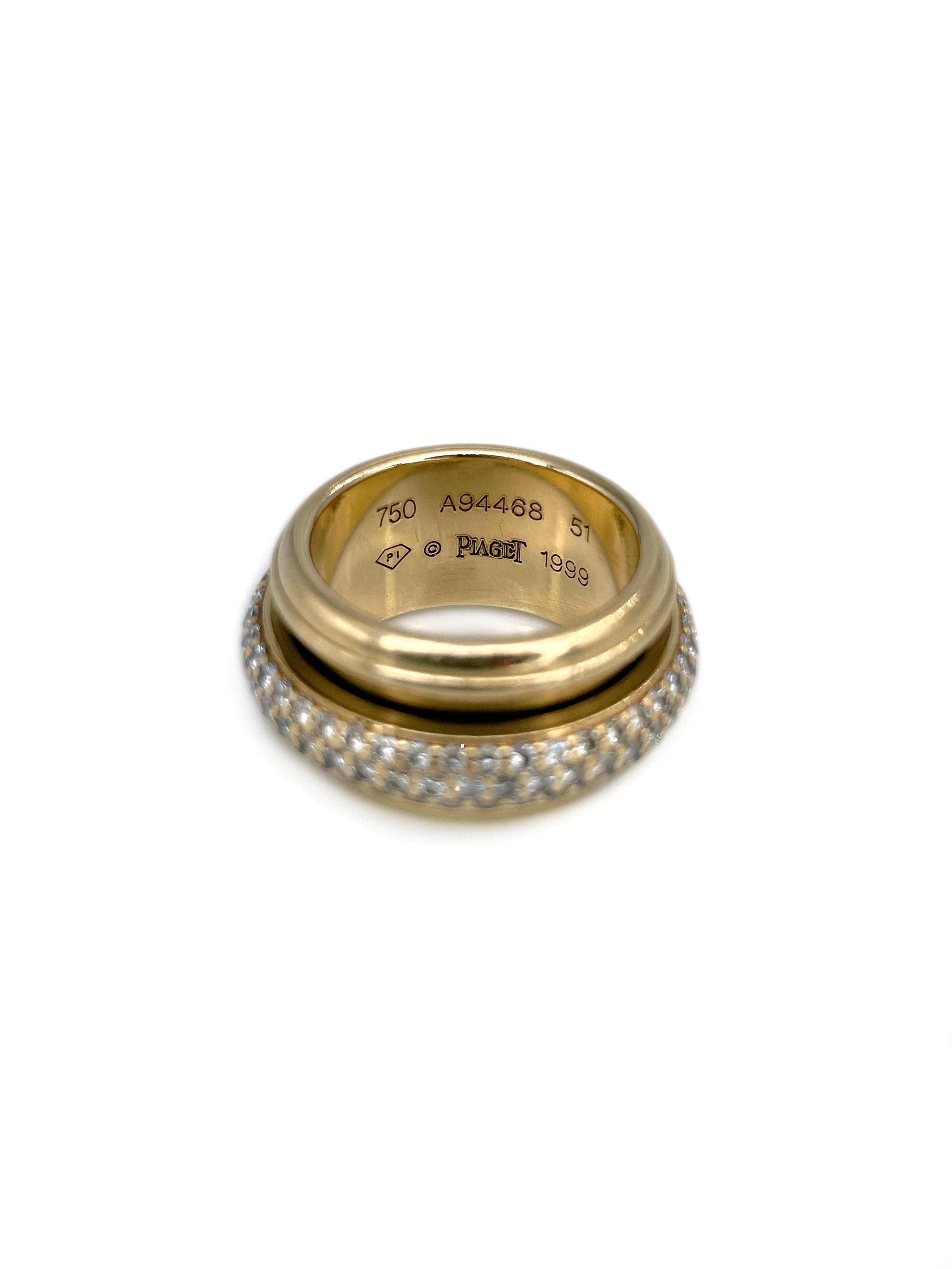 Round Cut Vintage 1999 Piaget “Possession” 18 Karat Gold Diamond Spinning Band Ring For Sale