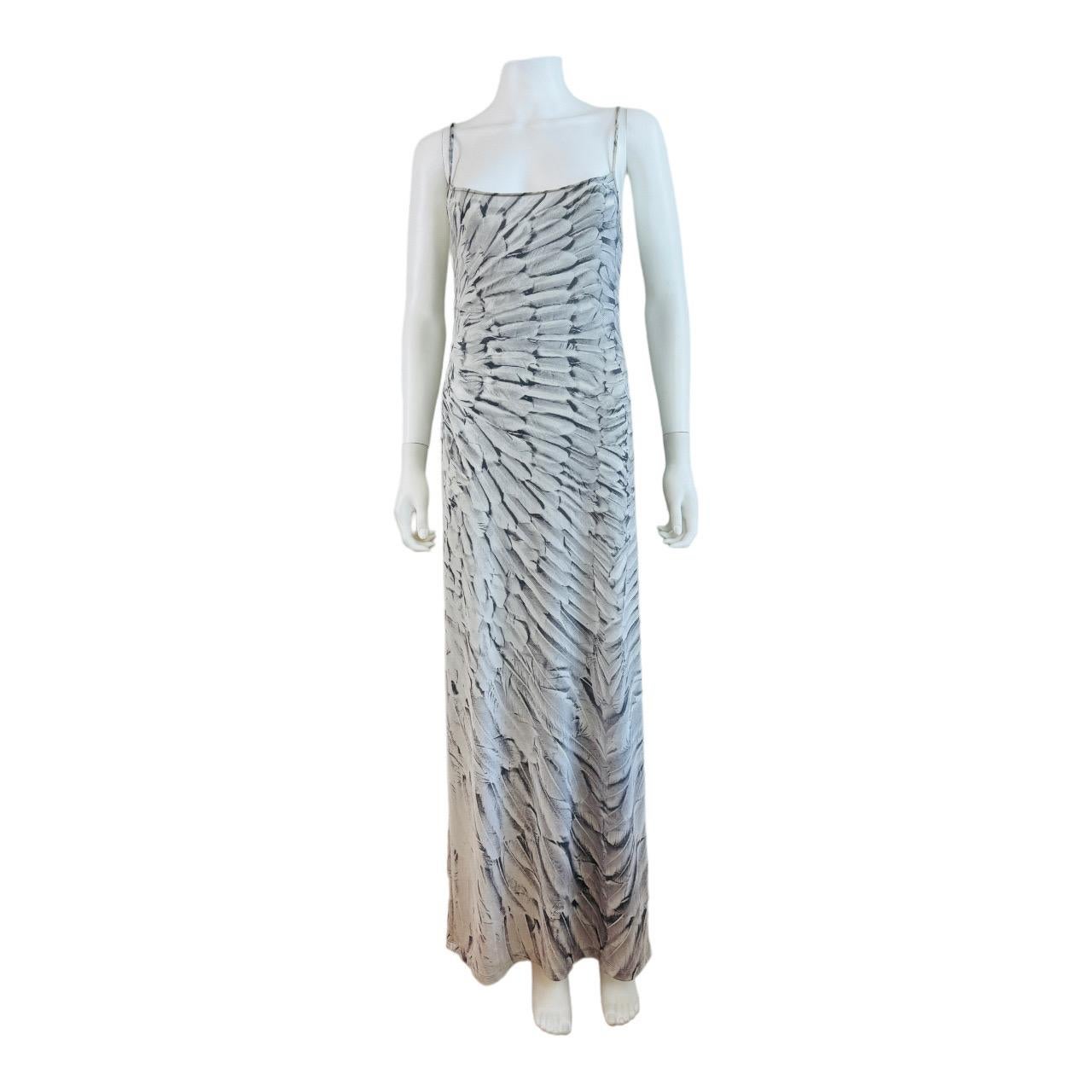 Vintage Late 90s Roberto Cavalli Dress
Polyester + elastin fabric
Grey feather print
Low cut scooped neckline
Thin shoulder straps
Wiggle bodycon fit
Long maxi length
Build in mesh bra
Slips on overhead
Unlined

Marked S, fit like a S-M,