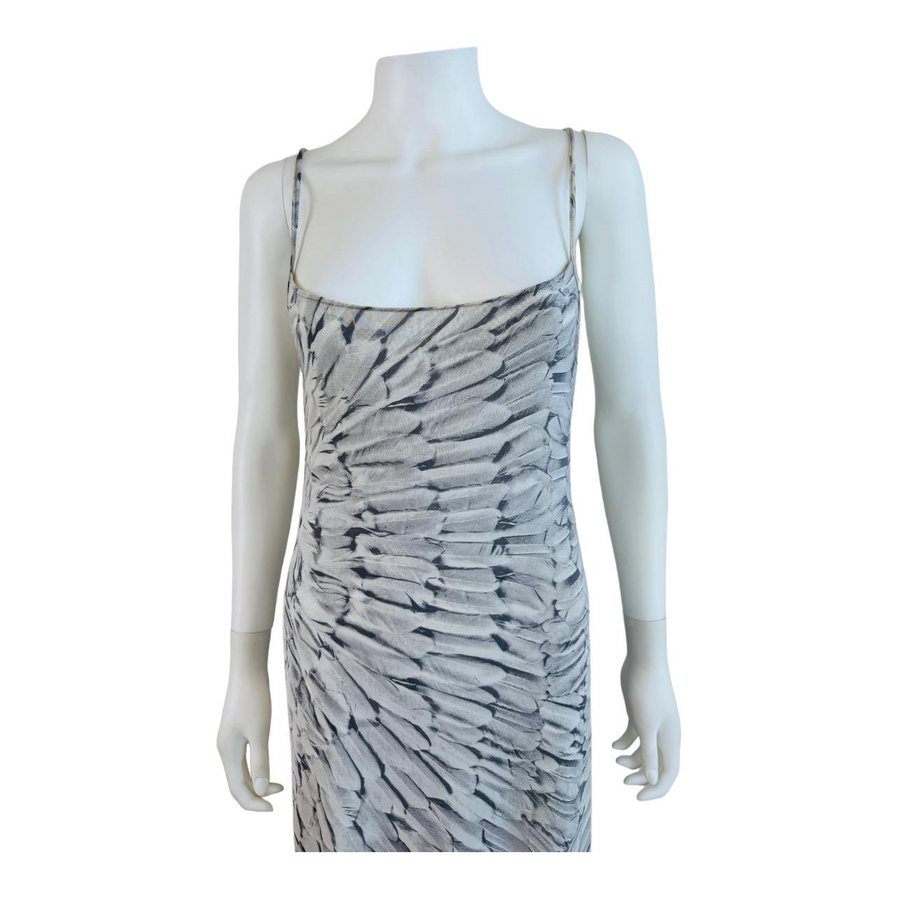 Gray Vintage 1999 Roberto Cavalli Bodycon Grey Feather Print Maxi Dress