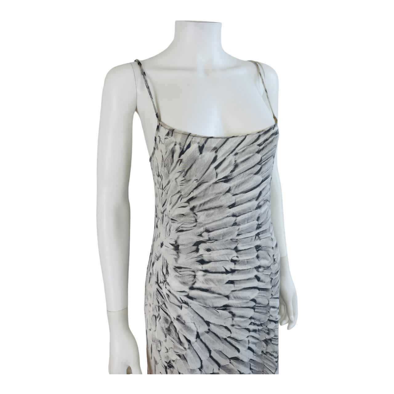 Vintage 1999 Roberto Cavalli Bodycon Grey Feather Print Maxi Dress In Excellent Condition In Denver, CO