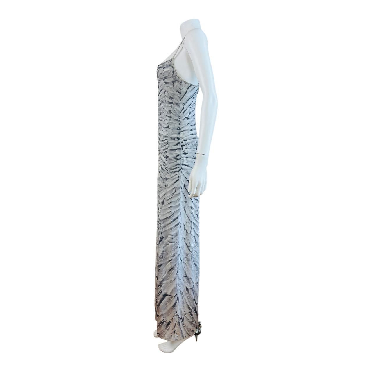 Vintage 1999 Roberto Cavalli Bodycon Grey Feather Print Maxi Dress For Sale 1