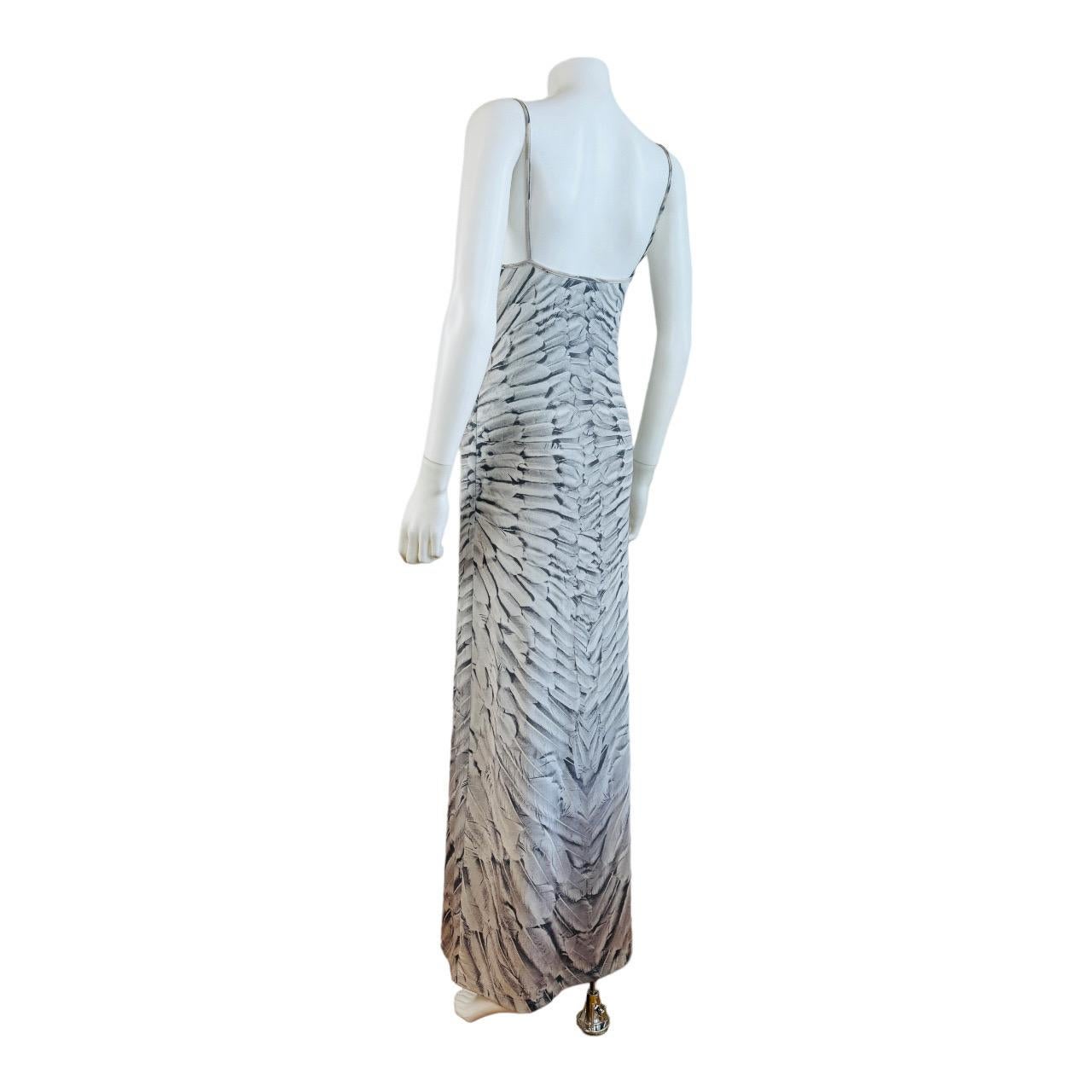 Vintage 1999 Roberto Cavalli Bodycon Grey Feather Print Maxi Dress For Sale 2