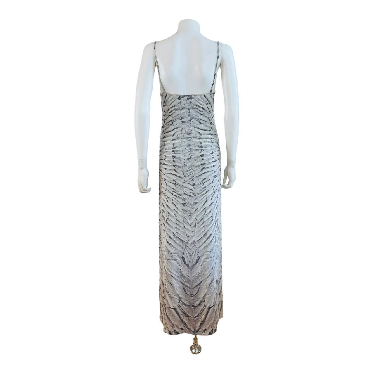 Vintage 1999 Roberto Cavalli Bodycon Grey Feather Print Maxi Dress For Sale 3