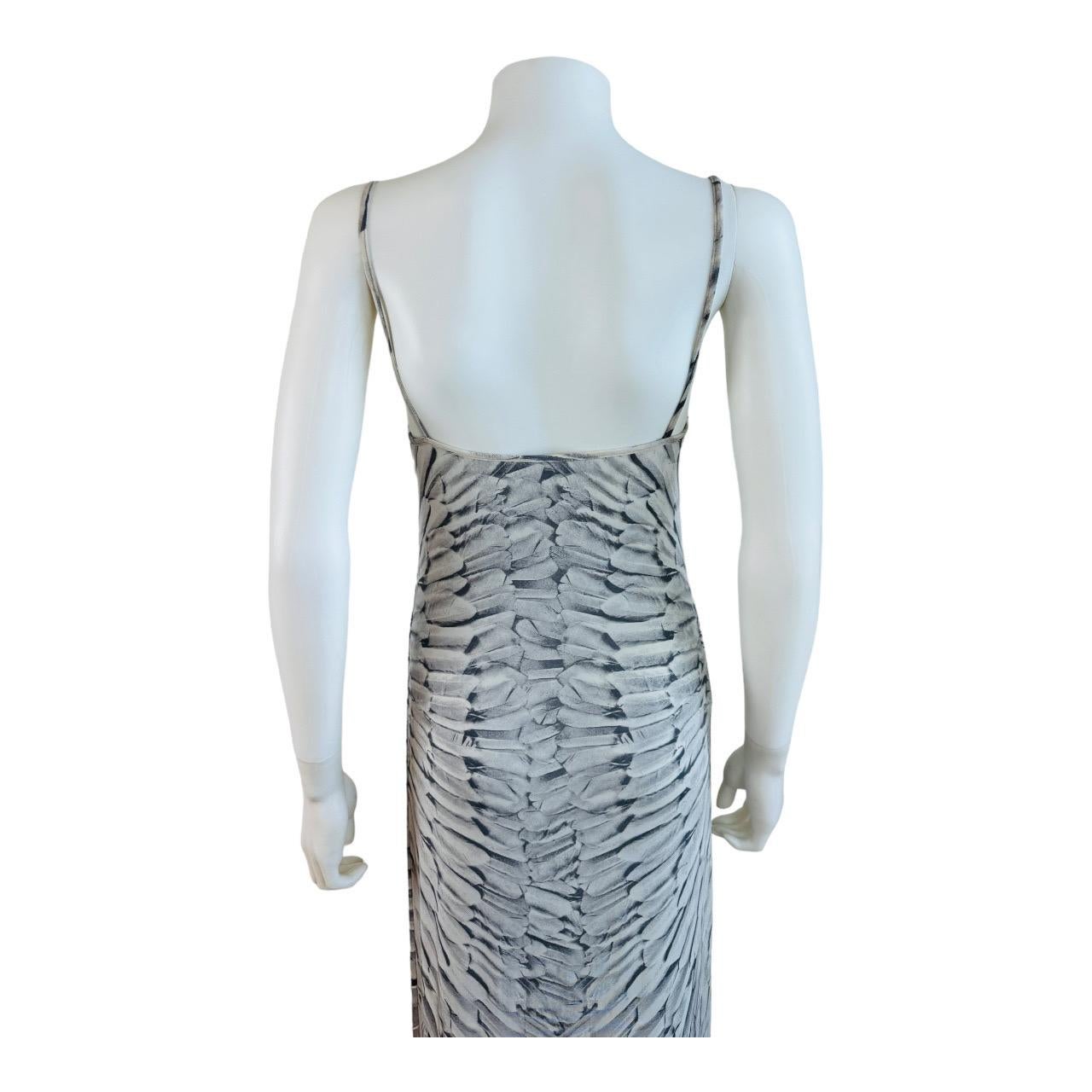 Vintage 1999 Roberto Cavalli Bodycon Grey Feather Print Maxi Dress For Sale 4