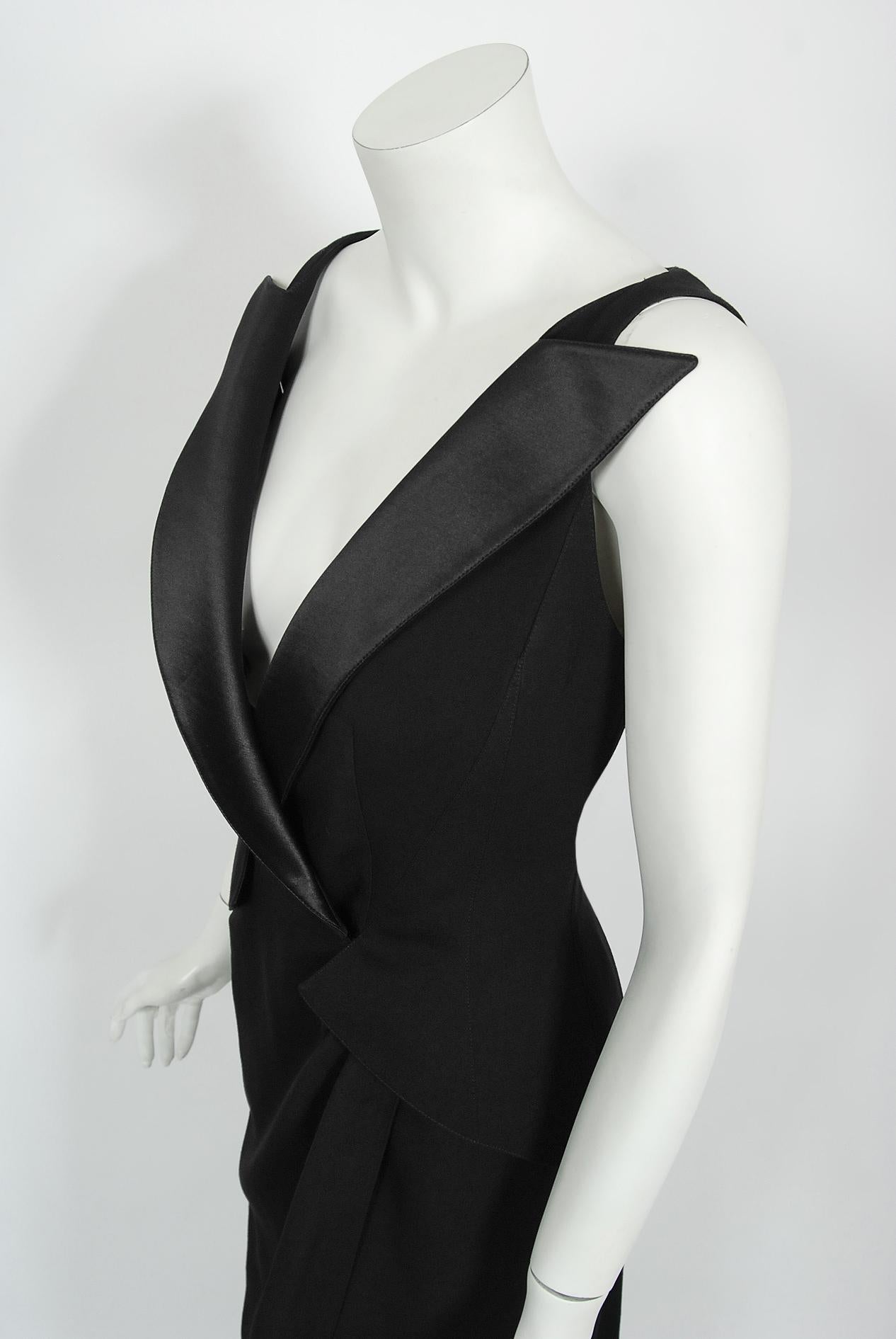 Vintage 1999 Thierry Mugler Couture Black Silk Bustier Low-Cut Hourglass Gown 6
