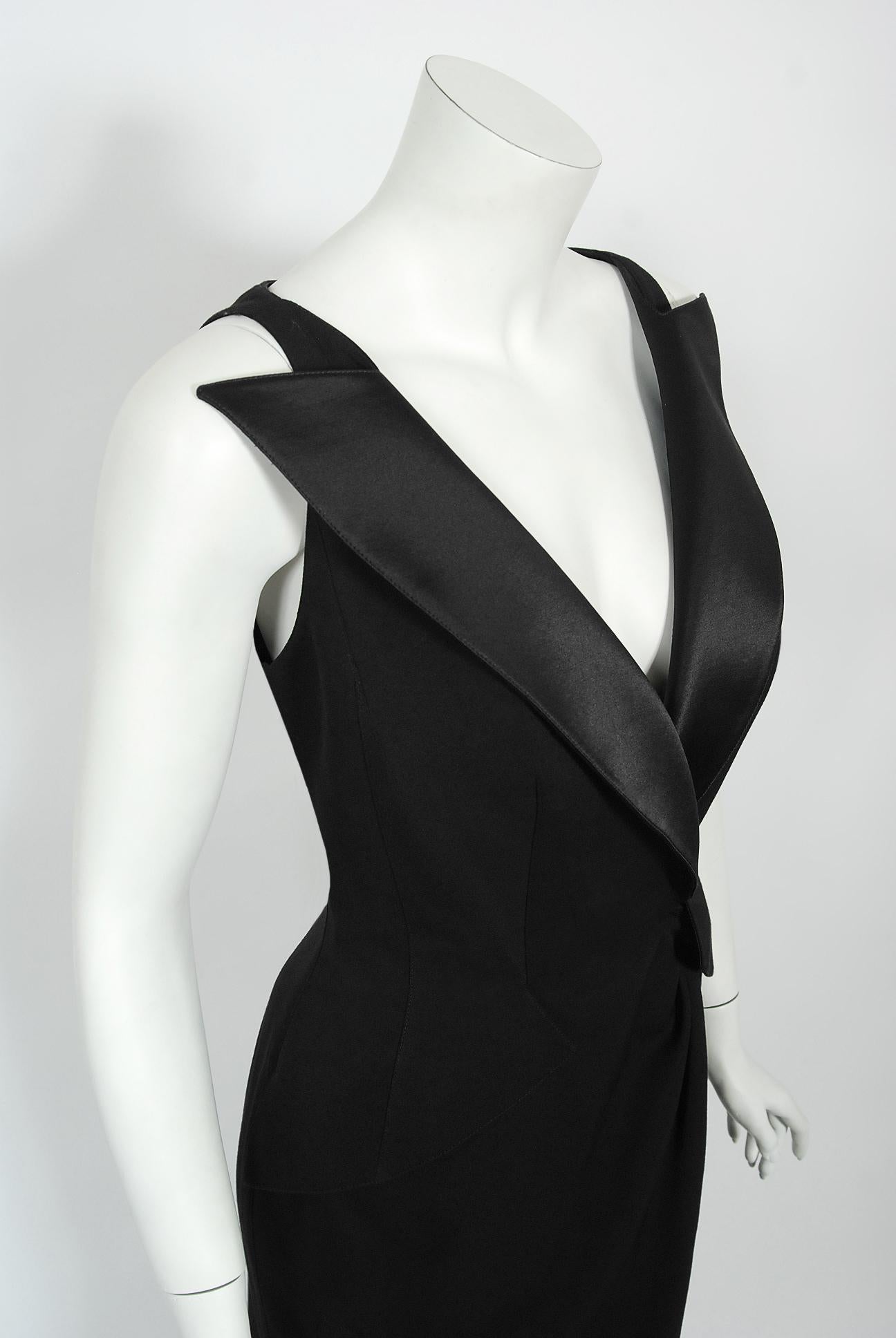 Vintage 1999 Thierry Mugler Couture Black Silk Bustier Low-Cut Hourglass Gown 1