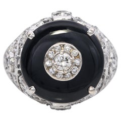 Vintage 19k White Gold Diamond and Onyx Ring