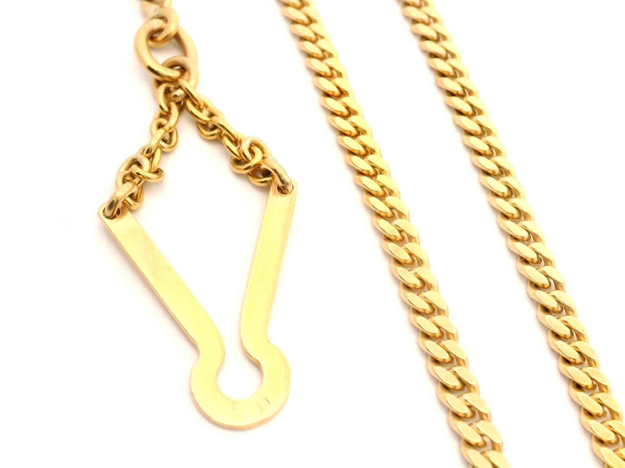 Material: Solid 19k Yellow Gold High Karat Weight
Weight: 32.85 Grams
Chain Type: 1.5mm Curb link chain
Chain Length: 19 Inches
Chain Thickness: 3.4mm 
Clasp: Custom Hook Clasp w/ Fold Over Latch & Button Hole.
Inside Clasp Dimensions: 16.3mm