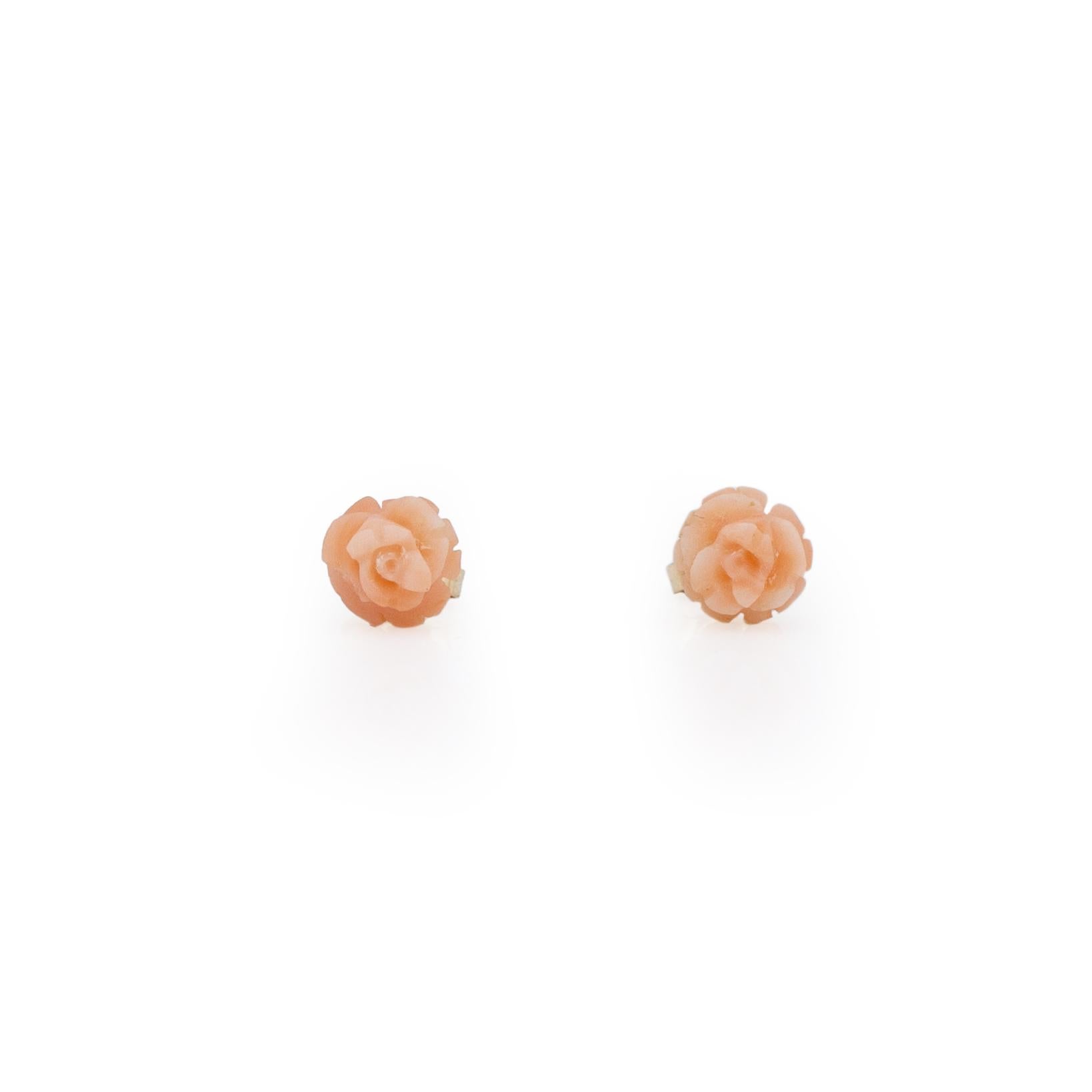 These little beauties are exquisite! I like the peachy pink color of the carved coral roses. A fun addition to any wardrobe. Behind the elegantly carved coral rose is a 14K yellow gold post, perfect for everyday wear. These earrings a light weight