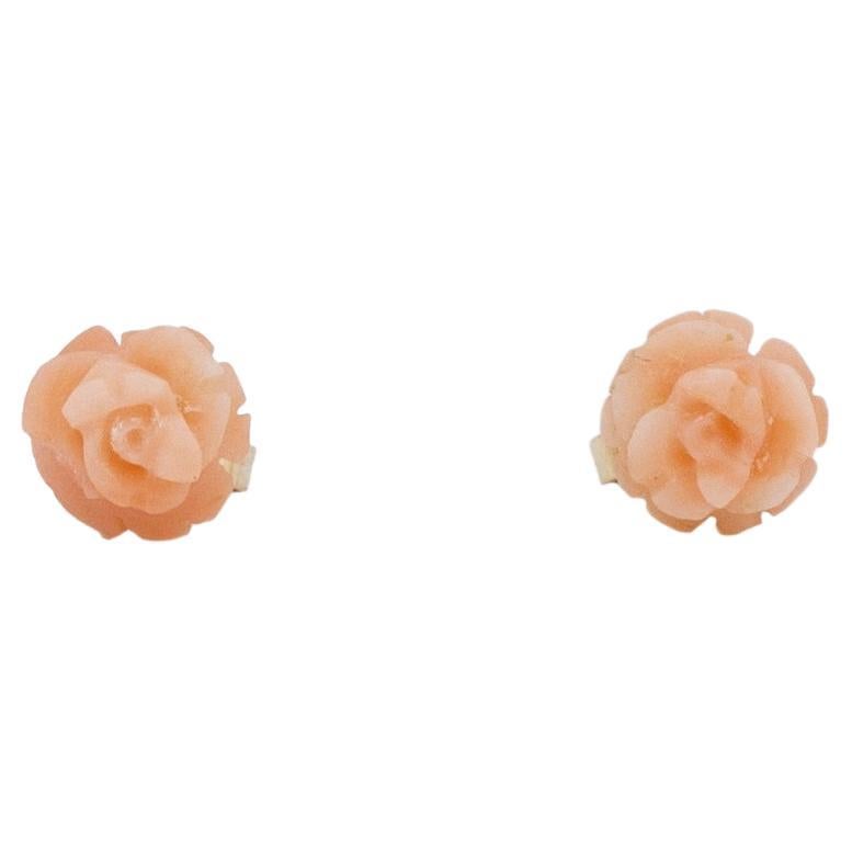 Vintage 19K Yellow Gold Pink Rose Carved Coral Stud Earrings 