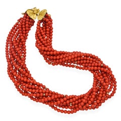 Vintage 19k Yellow Gold Red Coral Beaded Multi-Strand Necklace