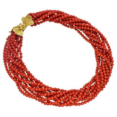Vintage 19k Yellow Gold Red Coral Beaded Multi-Strand Necklace