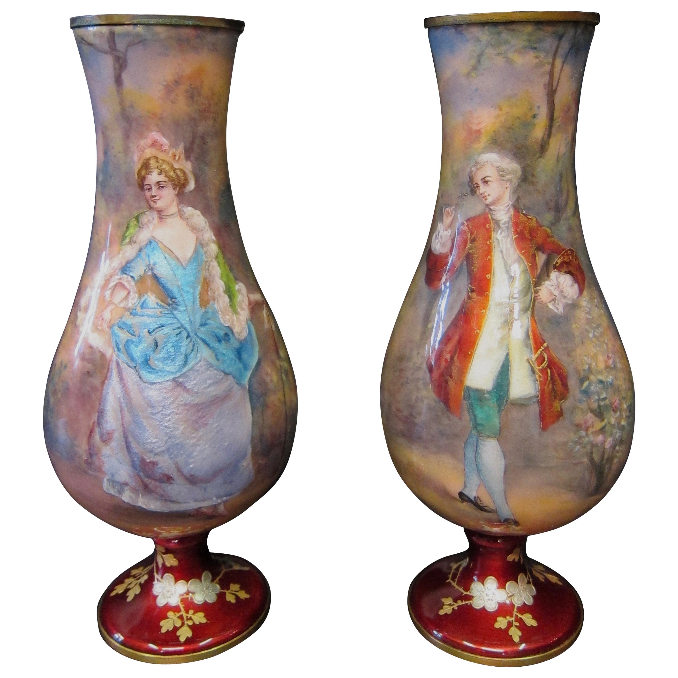 Vintage 19th Century, Artist Signed Pair of Enamel Vases